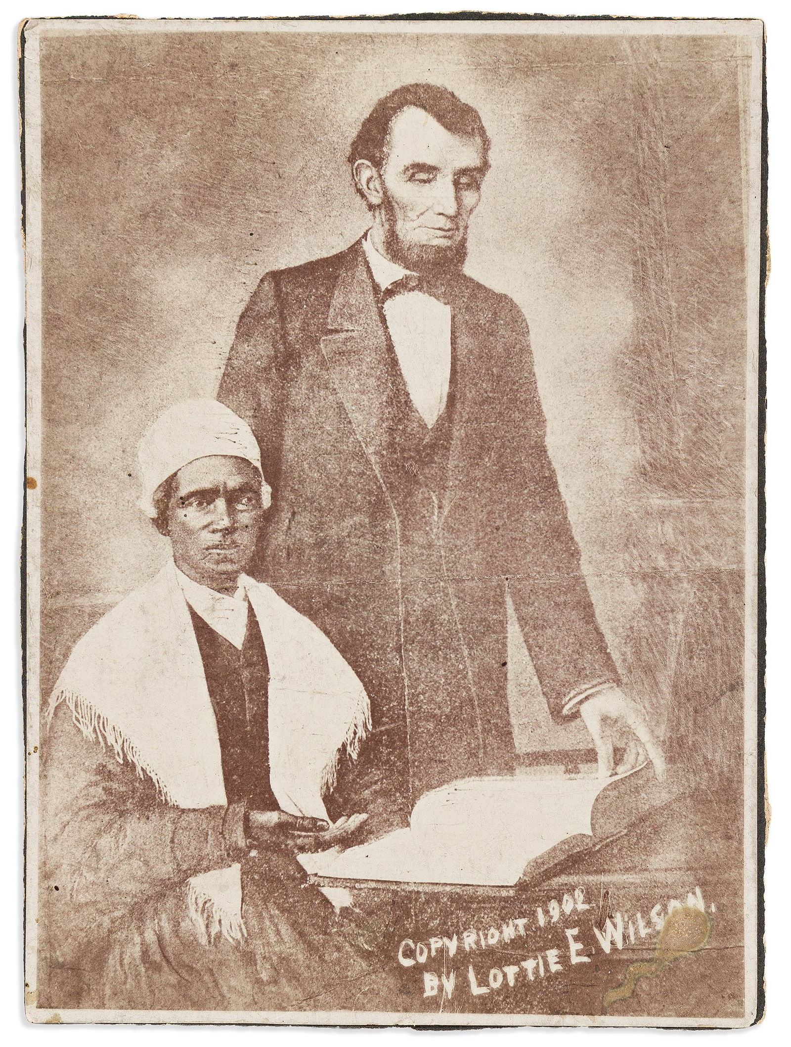 (ART.) Lottie E. Wilson, Photograph of her portrait of Abraham Lincoln and Sojourner Truth. No: (ART.)Lottie E. Wilson, artist.Photograph of her portrait of Abraham Lincoln and Sojourner Truth.No place, 1902Photograph, 8¼ x 6 inches, on original plain mount, signed and dated in the negative