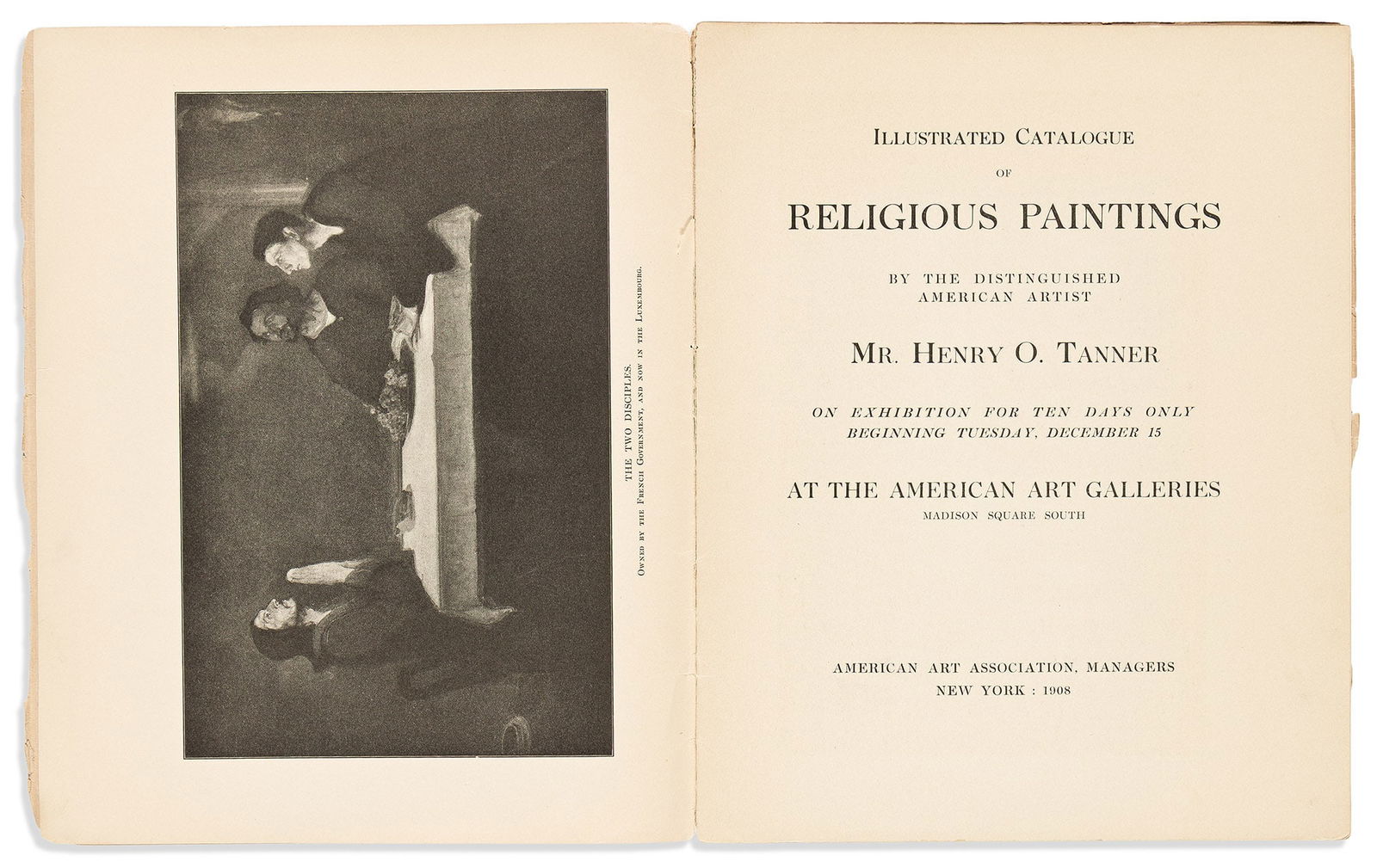 (ART.) Illustrated Catalogue of Religious Paintings by . . . Henry O. Tanner. New York: American Art: (ART.)Illustrated Catalogue of Religious Paintings by the Distinguished American Artist Mr. Henry O. Tanner. New York: American Art Association, 1908Illustrated, [10] leaves. Quarto, 10 x 8 inches, or