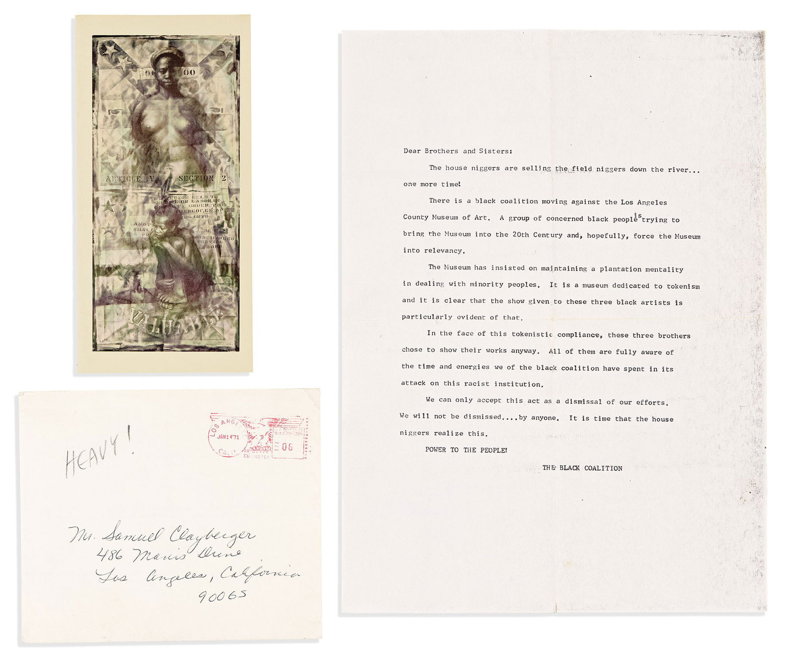(ART.) Christmas card from Charles White; with a letter denouncing him. [Los Angeles, CA, circa (1 of 2)