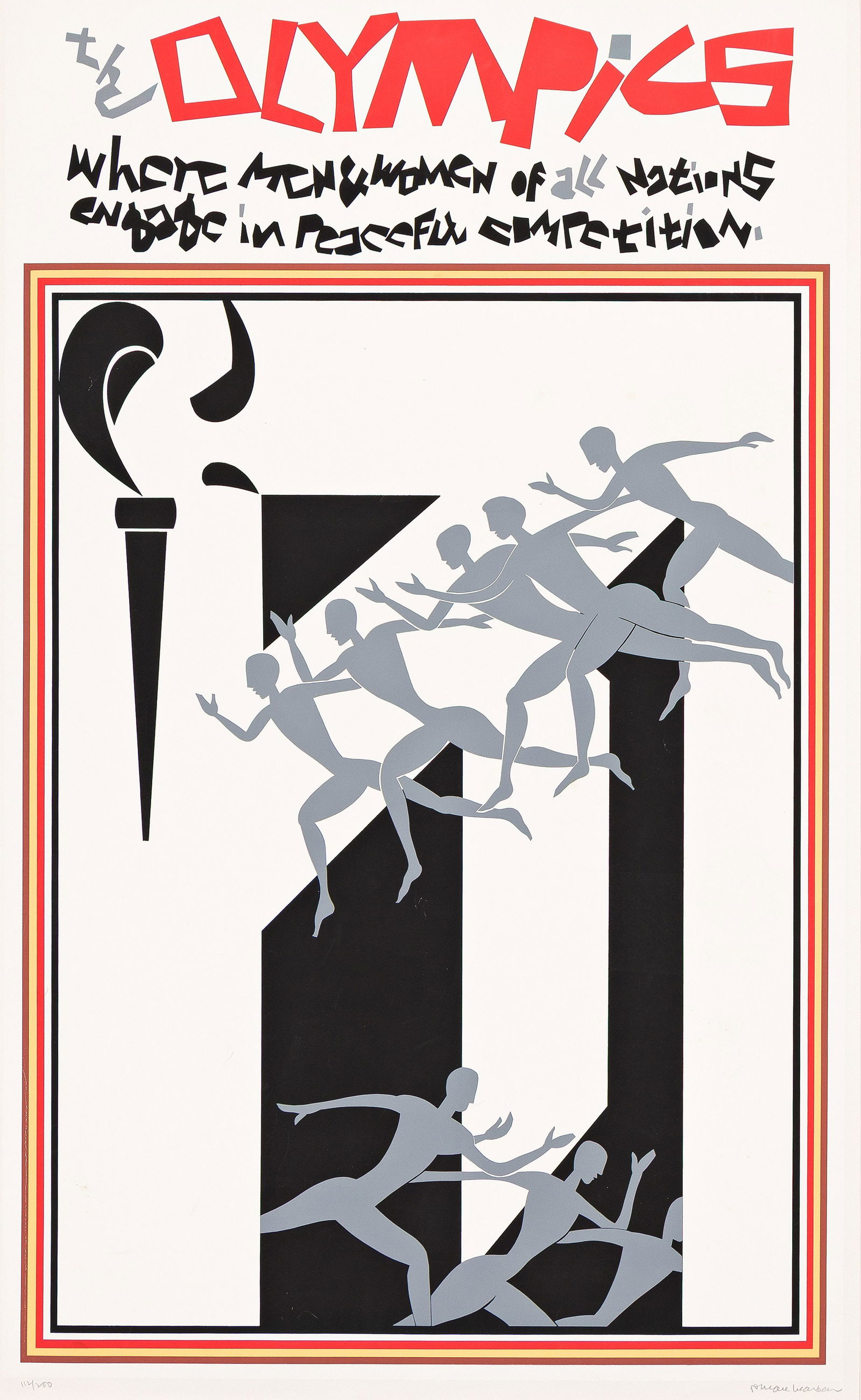 (ART.) Romare Bearden. The Olympics: Where Men & Women of All Nations Engage in Peaceful: (ART.)Romare Bearden. The Olympics: Where Men & Women of All Nations Engage in Peaceful Competition. No place, [1976]Color screenprint, 39½ x 25 inches to sight; tipped into mat at top edge, mi