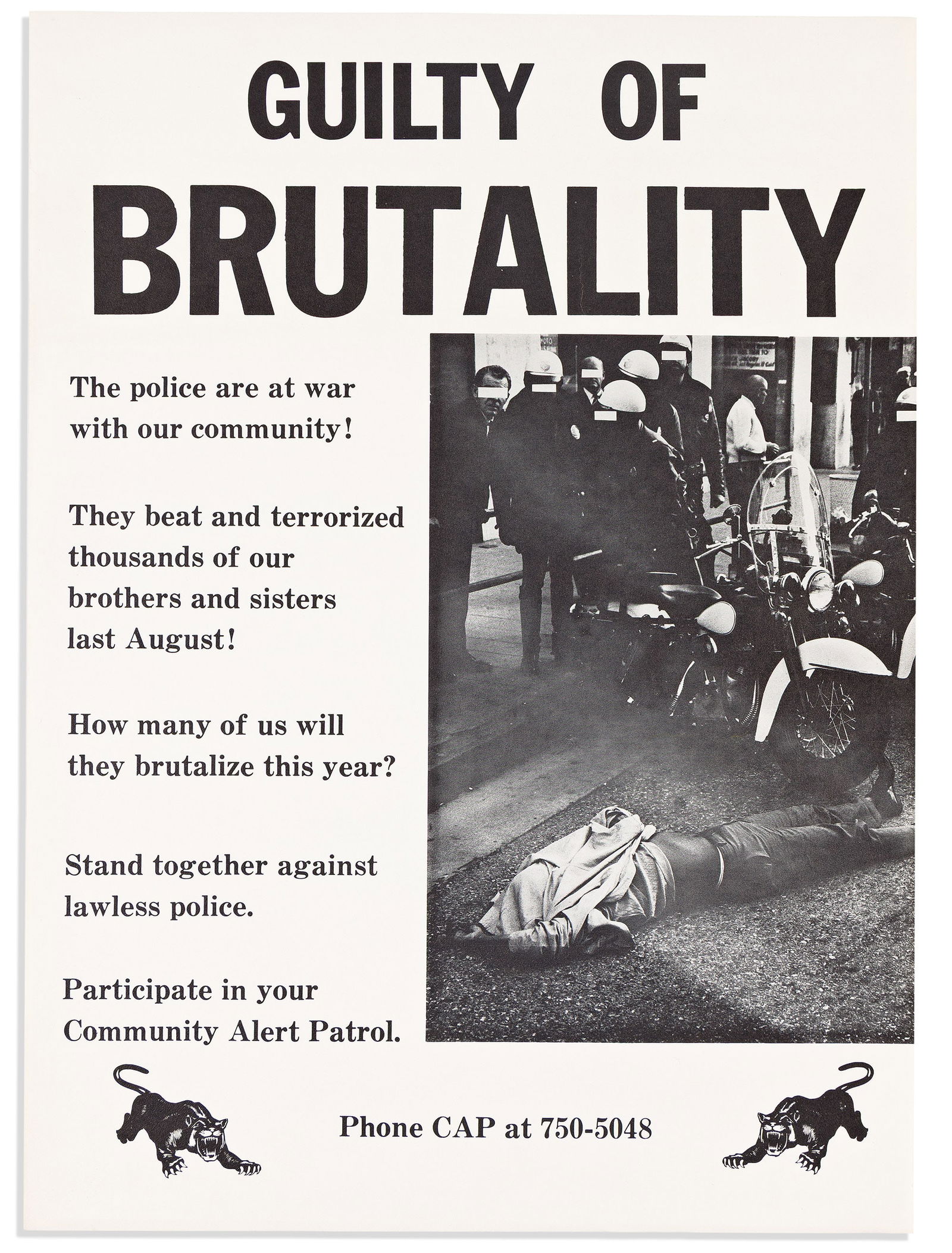 (BLACK PANTHERS.) Guilty of Murder / Guilty of Brutality. [Los Angeles], circa 1966 (1 of 2)