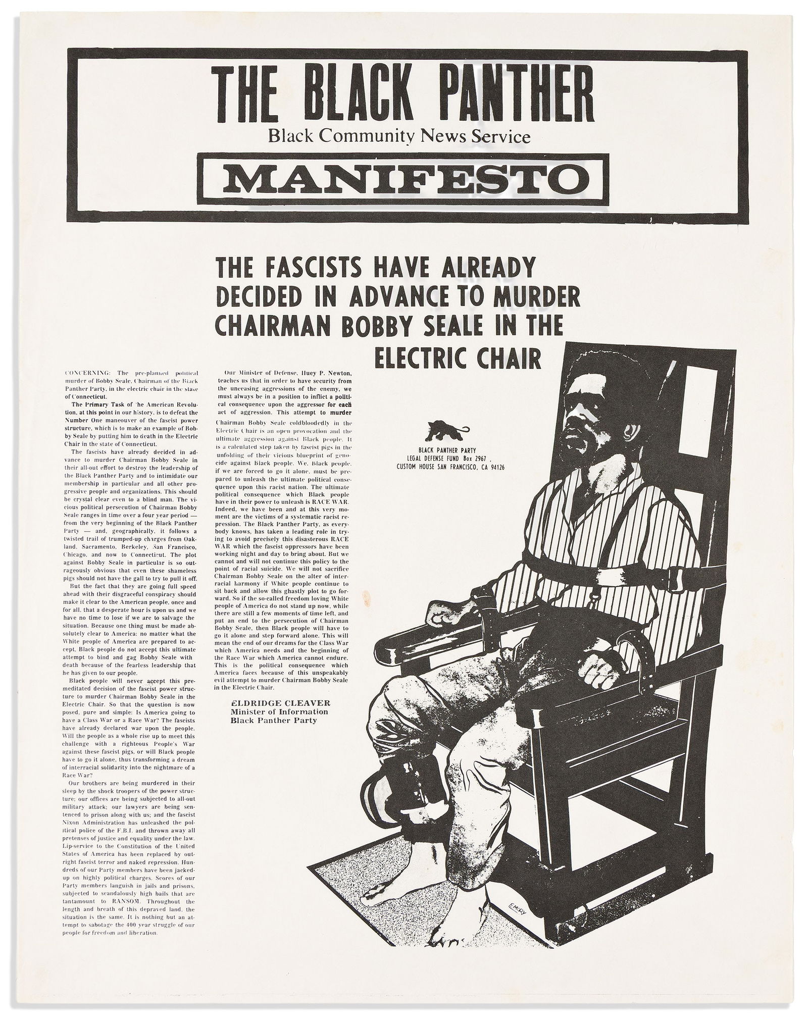 (BLACK PANTHERS.) The Black Panther Manifesto. San Francisco, CA, circa 1970 (1 of 1)