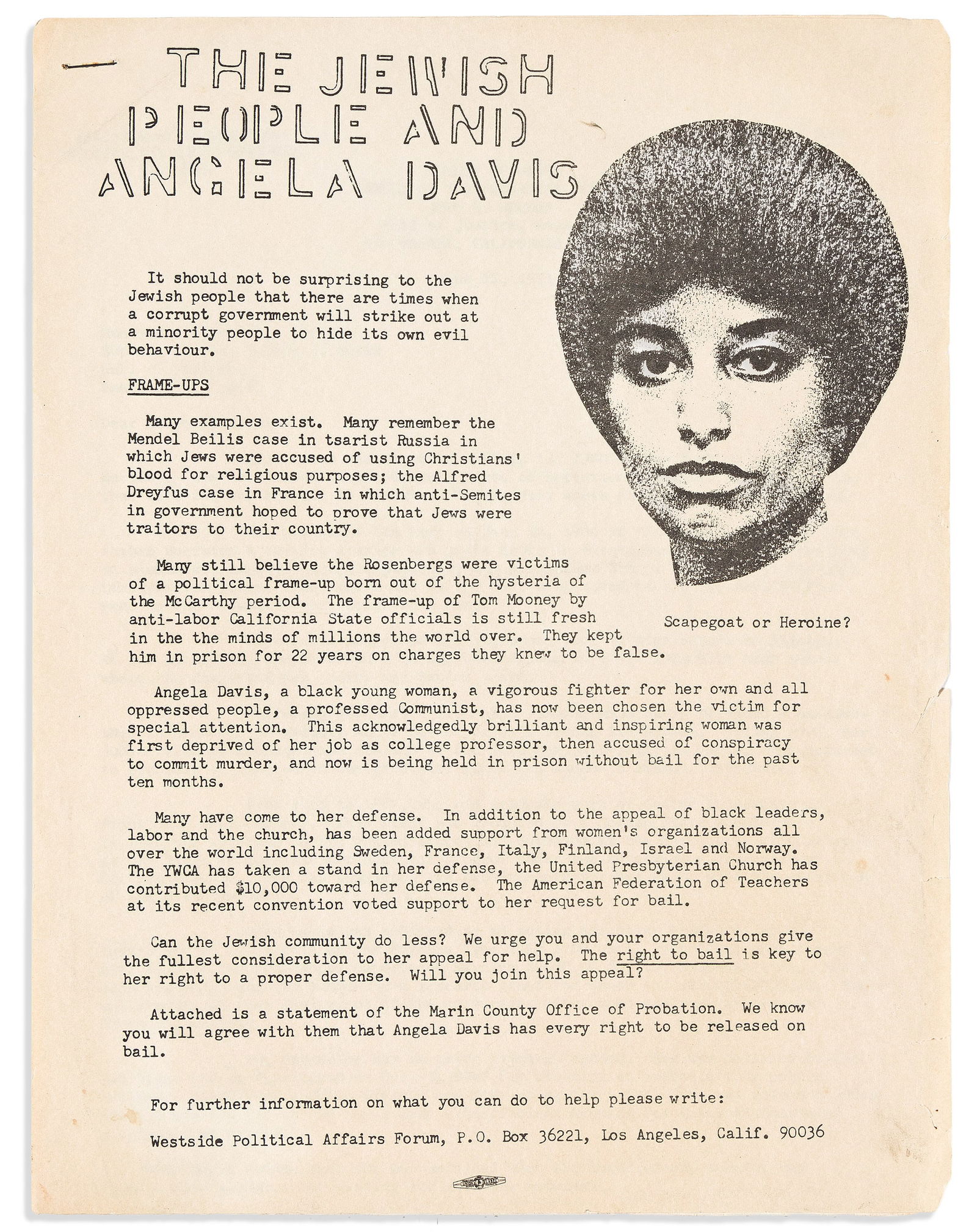(BLACK PANTHERS.) The Jewish People and Angela Davis. Los Angeles: Westside Political Affairs Forum,: (BLACK PANTHERS.)The Jewish People and Angela Davis. Los Angeles: Westside Political Affairs Forum, circa 1971Flier, 11 x 8½ inches, illustrated with portrait of Davis; toned, moderate wear, hori