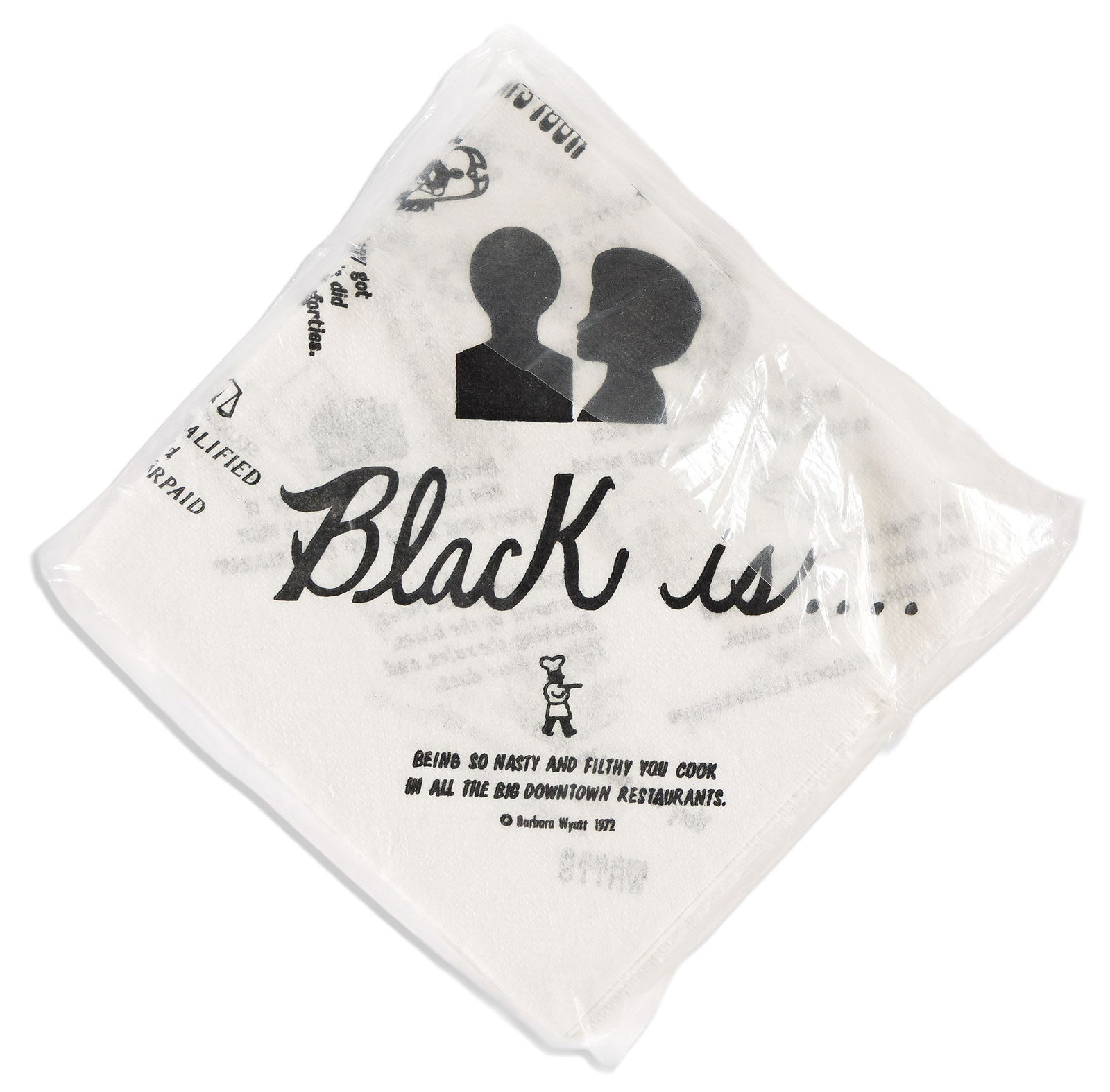(BLACK POWER.) Barbara Wyatt. Packet of "Black Is" novelty napkins. [Austin, TX?], 1972: (BLACK POWER.)Barbara Wyatt. Packet of "Black Is" novelty napkins.[Austin, TX?], 1972Approximately 36 printed paper napkins, each 10 x 10 inches and folded to 5 x 5 inches, sealed in original plain pl