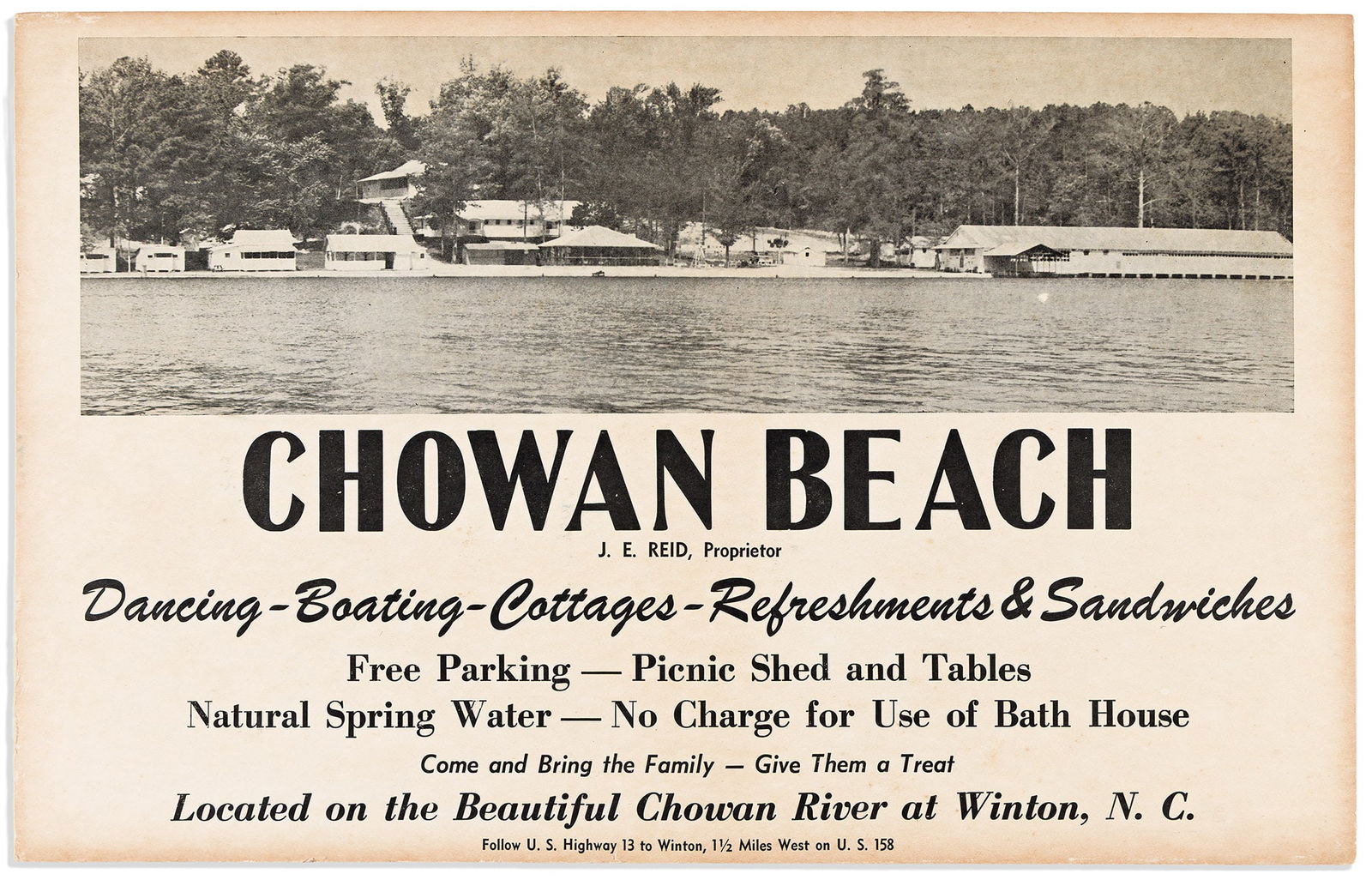 (BUSINESS--HOTELS.) Poster for the Chowan Beach riverside resort in North Carolina. Winton, NC,: (BUSINESS--HOTELS.)Poster for the Chowan Beach riverside resort in North Carolina.Winton, NC, circa 1940sPoster, 14 x 22 inches, on light cardboard; moderate foxing and toning, mini