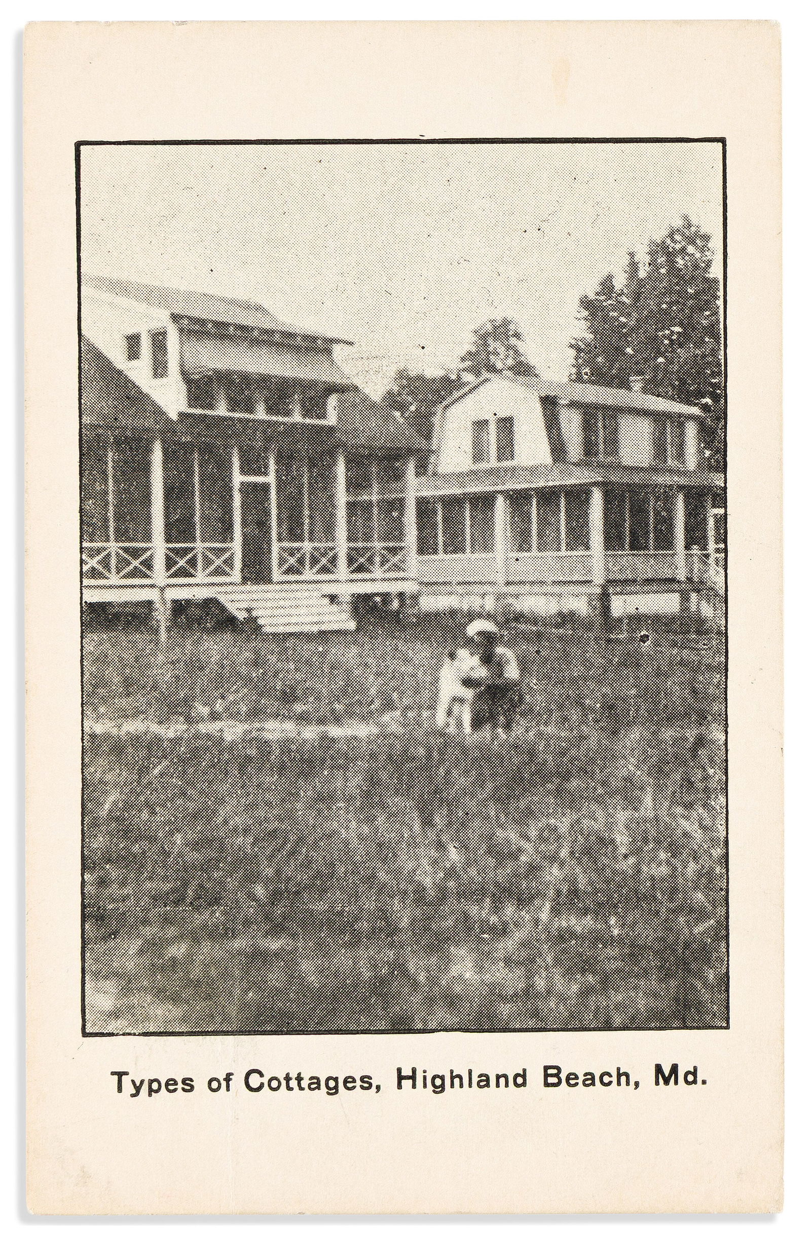 (BUSINESS--REAL ESTATE.) Postcard of the Highland Beach cottages in Maryland, 27 August 1926: (BUSINESS--REAL ESTATE.)Postcard of the Highland Beach cottages in Maryland.Highland Beach, MD, 27 August 1926Postcard, 5½ x 3½ inches, bearing a manuscript message and partial Highland Beac
