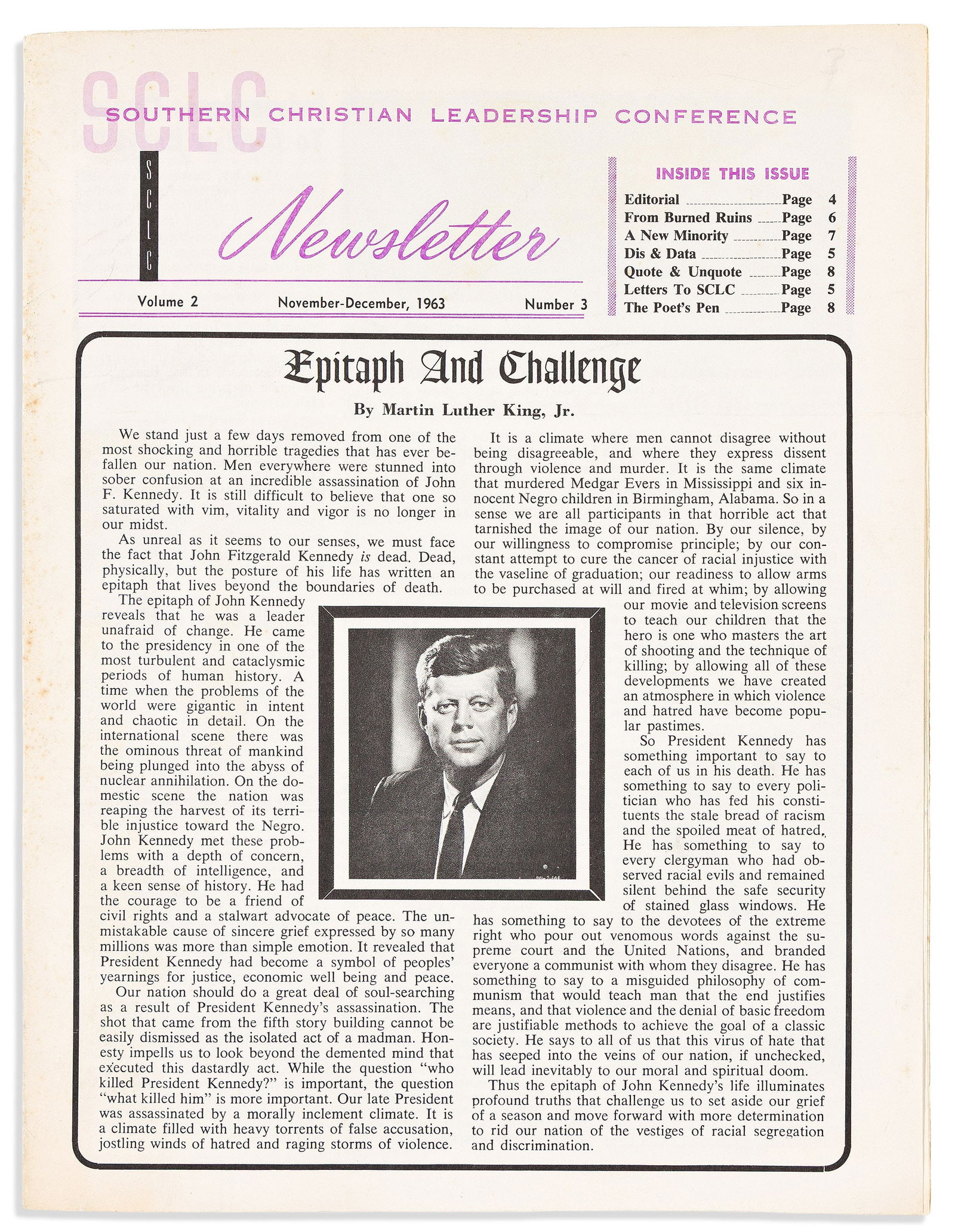 (CIVIL RIGHTS.) Southern Christian Leadership Conference Newsletter. Atlanta, GA, November-December: (CIVIL RIGHTS.)Southern Christian Leadership Conference Newsletter. Atlanta, GA, November-December 1963Volume 2, Number 3. 12 pages, 11 x 8½ inches, printed in black and purple; mailing folds, mi