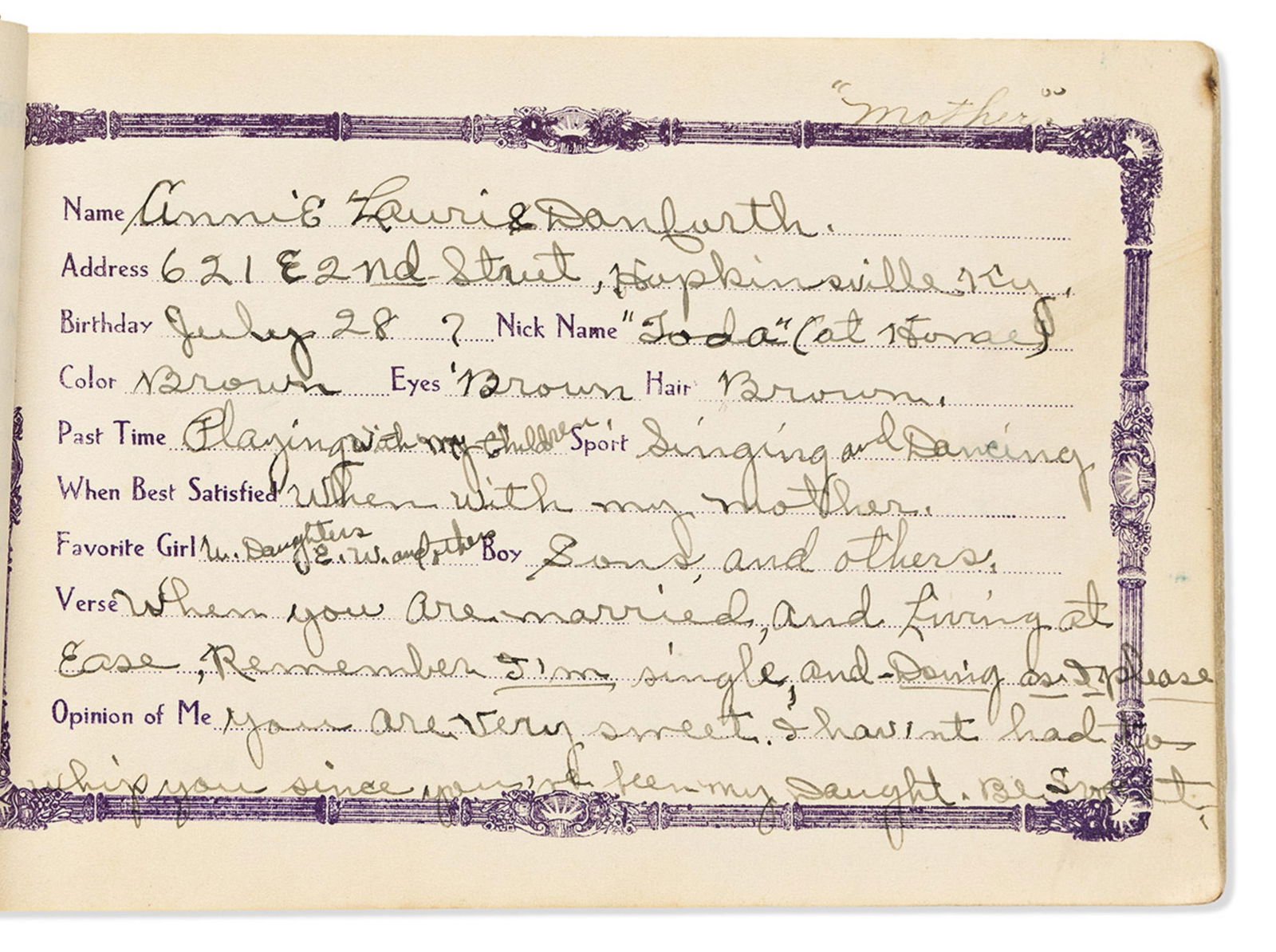 (EDUCATION.) Autograph album kept at the Kentucky Normal Industrial Institute. [Frankfort, KY], (1 of 1)