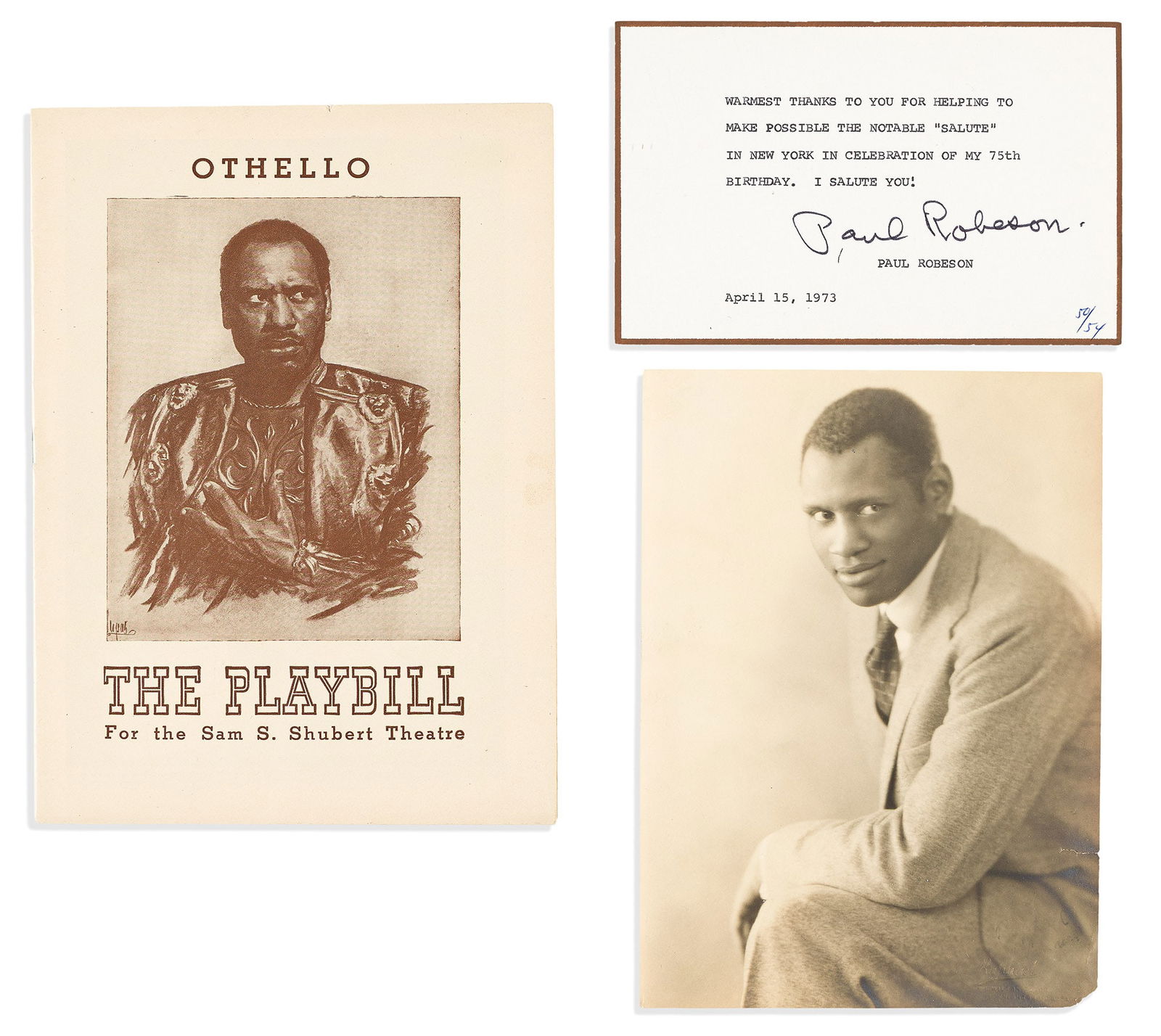 (ENTERTAINMENT.) Collection of Paul Robeson photographs, programs, and signed cards, circa 1930-1973: (ENTERTAINMENT.)Collection of Paul Robeson photographs, programs, and signed cards.Various places, circa 1930-197315 items, various sizes and conditions, sleeved in one binder. 7 of these i