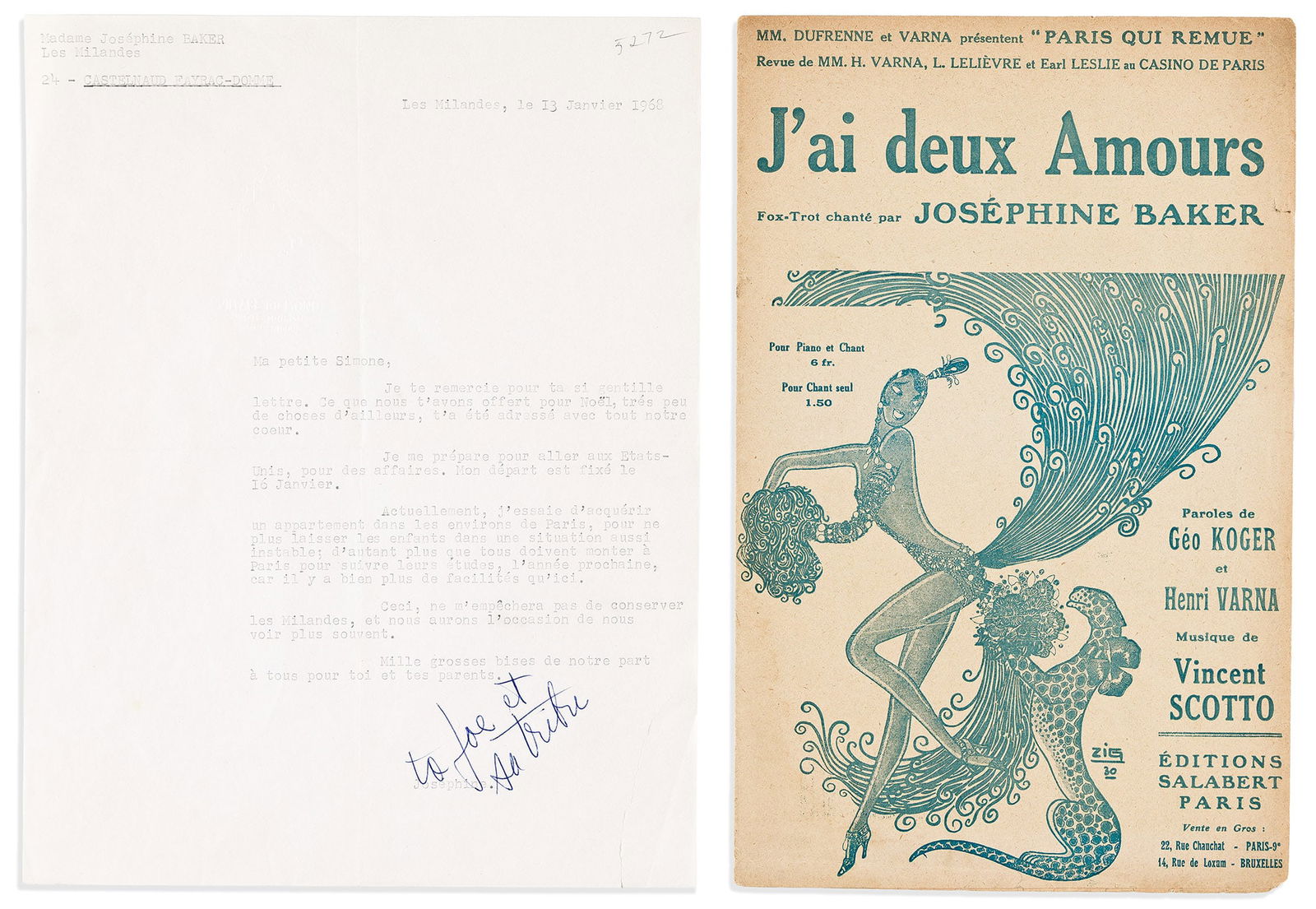 (ENTERTAINMENT.) Group of Josephine Baker ephemera, including a letter and sheet music, 1930-1968 (1 of 1)