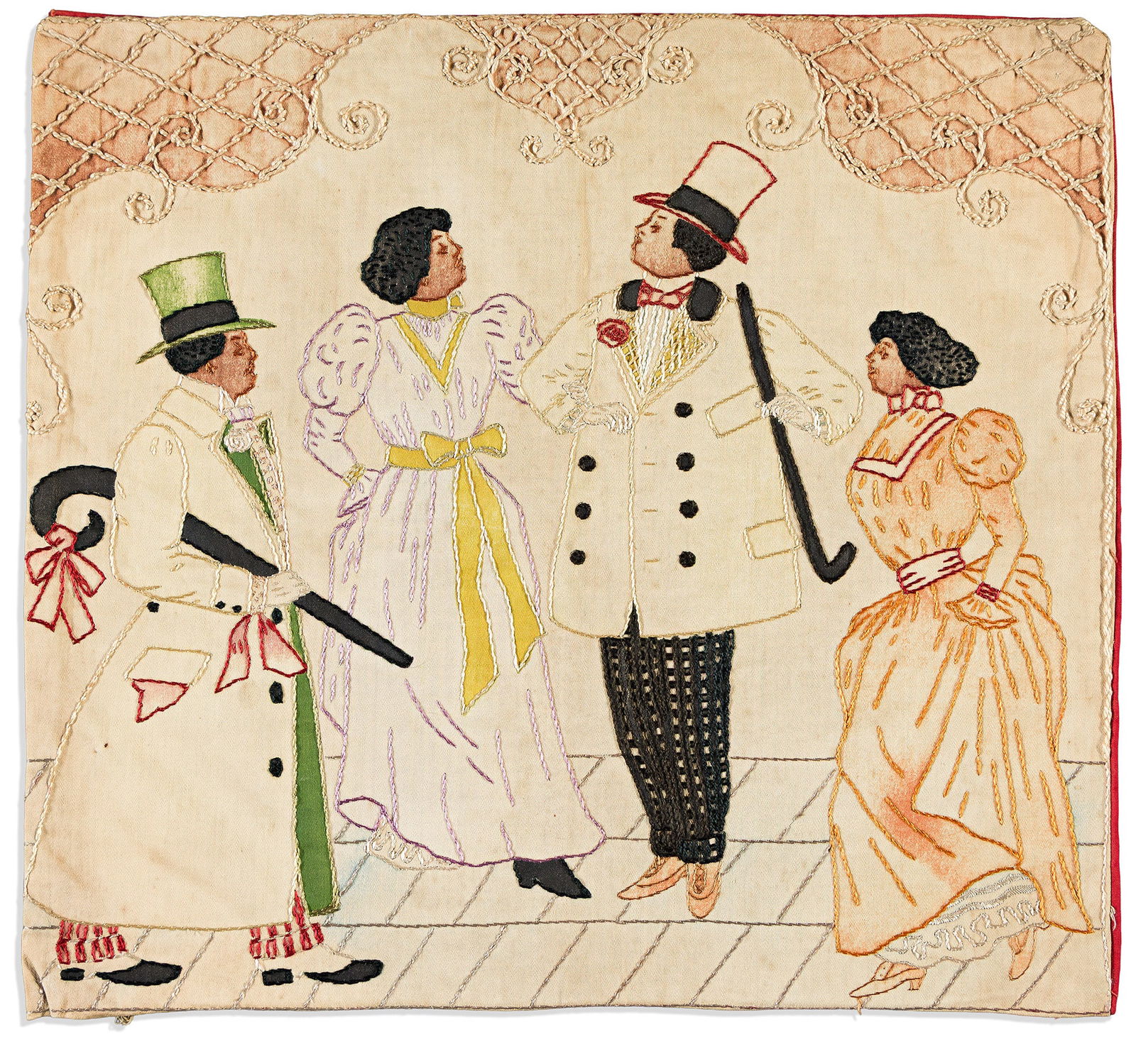 (ENTERTAINMENT--DANCE.) Embroidery of two men and two women demonstrating the cake walk, circa 1900 (1 of 1)