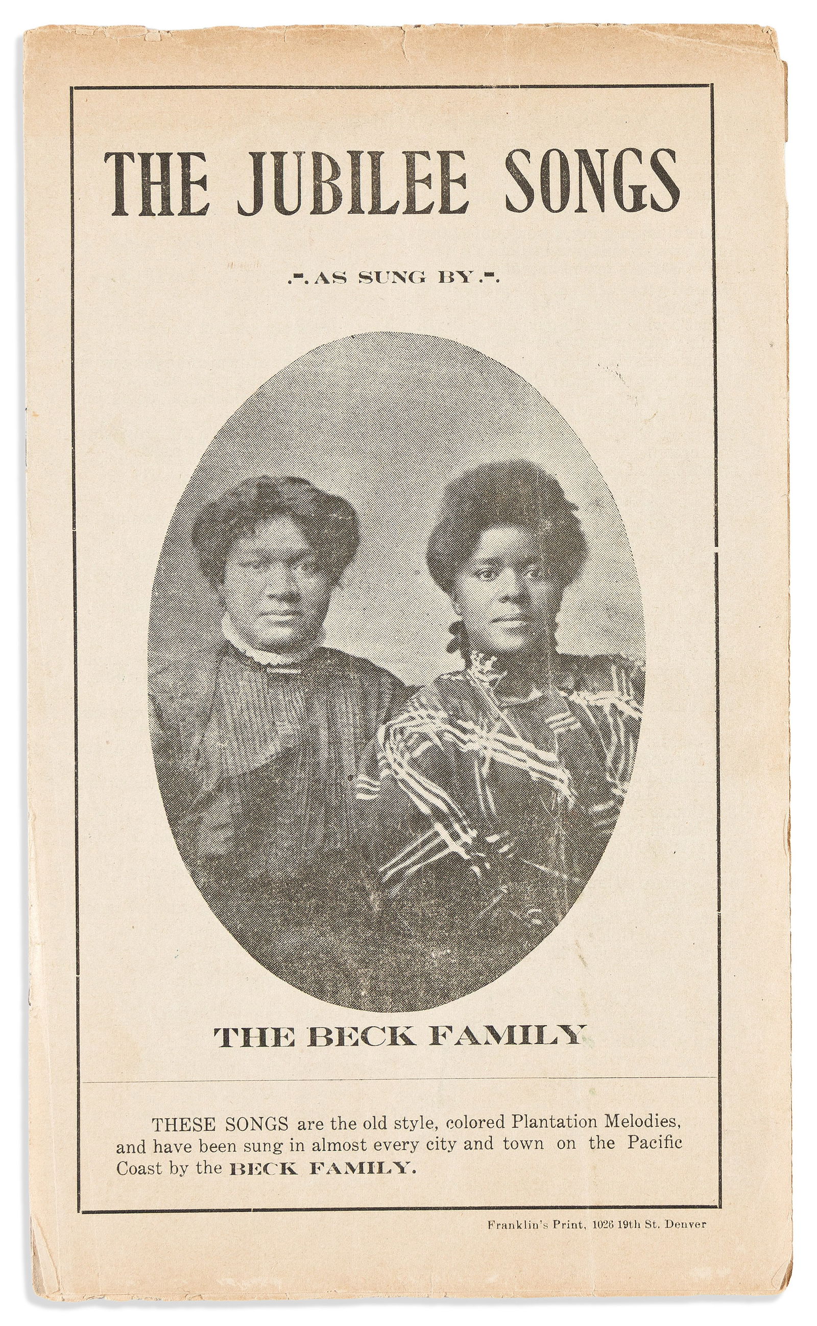 (ENTERTAINMENT--MUSIC.) The Jubilee Songs as Sung by the Beck Family. Denver, CO, circa 1900 (1 of 1)