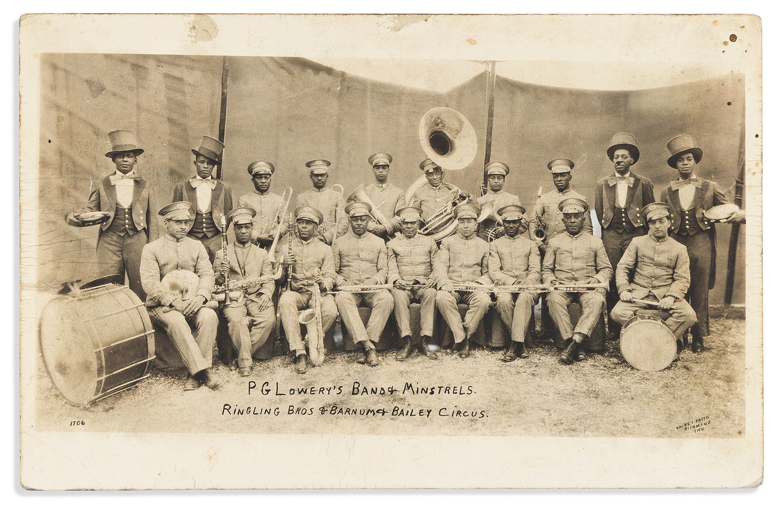 (ENTERTAINMENT--MUSIC.) Real Photo postcard of P.G. Lowery's Band & Minstrels, circa 1924-1931 (1 of 1)