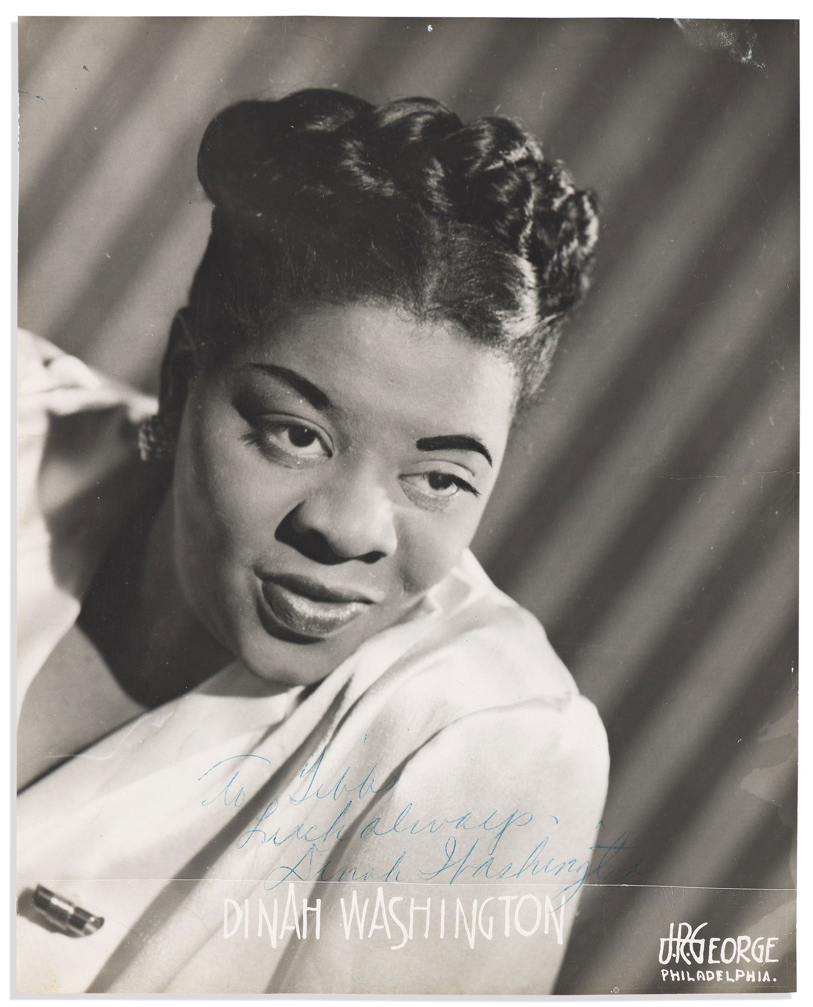 (ENTERTAINMENT--MUSIC.) Signed photographs from Brooklyn's Kingston Lounge nightclub, 1947-1948 and: (ENTERTAINMENT--MUSIC.)Signed photographs and ephemera collected by a bartender at Brooklyn's Kingston Lounge nightclub.Brooklyn, NY, 1947-1948 and undated31 items sleeved in one binder; generally min