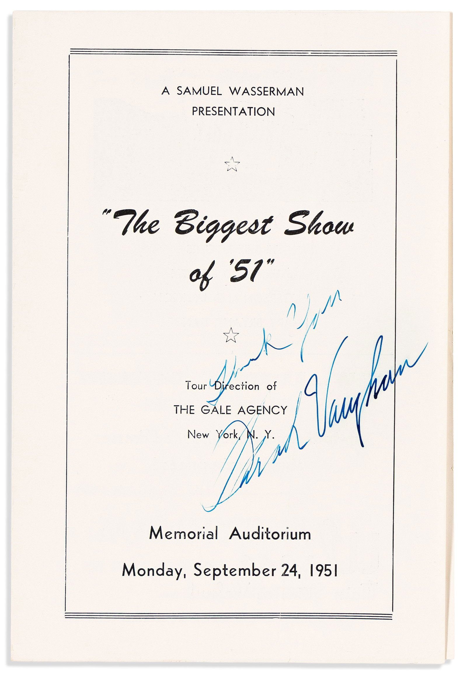 (ENTERTAINMENT--MUSIC.) Sarah Vaughan, Signed program from "The Biggest Show of '51" tour, 1951 (1 of 2)