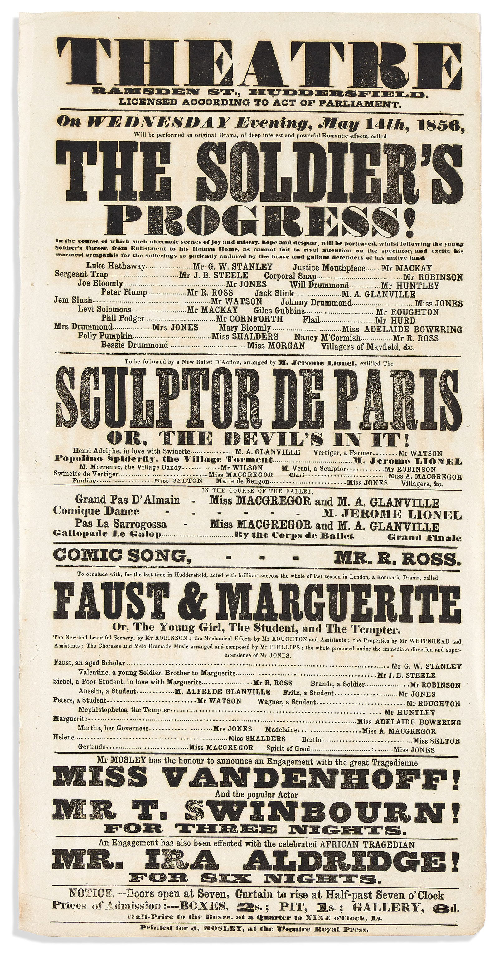 (ENTERTAINMENT--THEATER.) Broadside for "the celebrated African tragedian Mr. Ira Aldridge," (1 of 1)