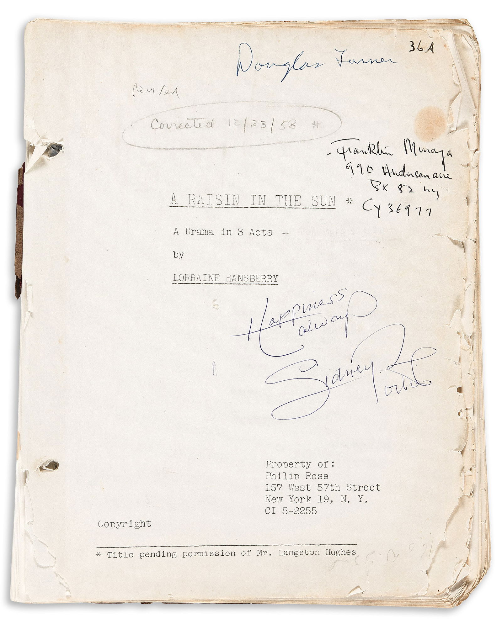 (ENTERTAINMENT--THEATER.) Lorraine Hansberry. Actor Douglas Turner Ward's script for Raisin in the (1 of 3)