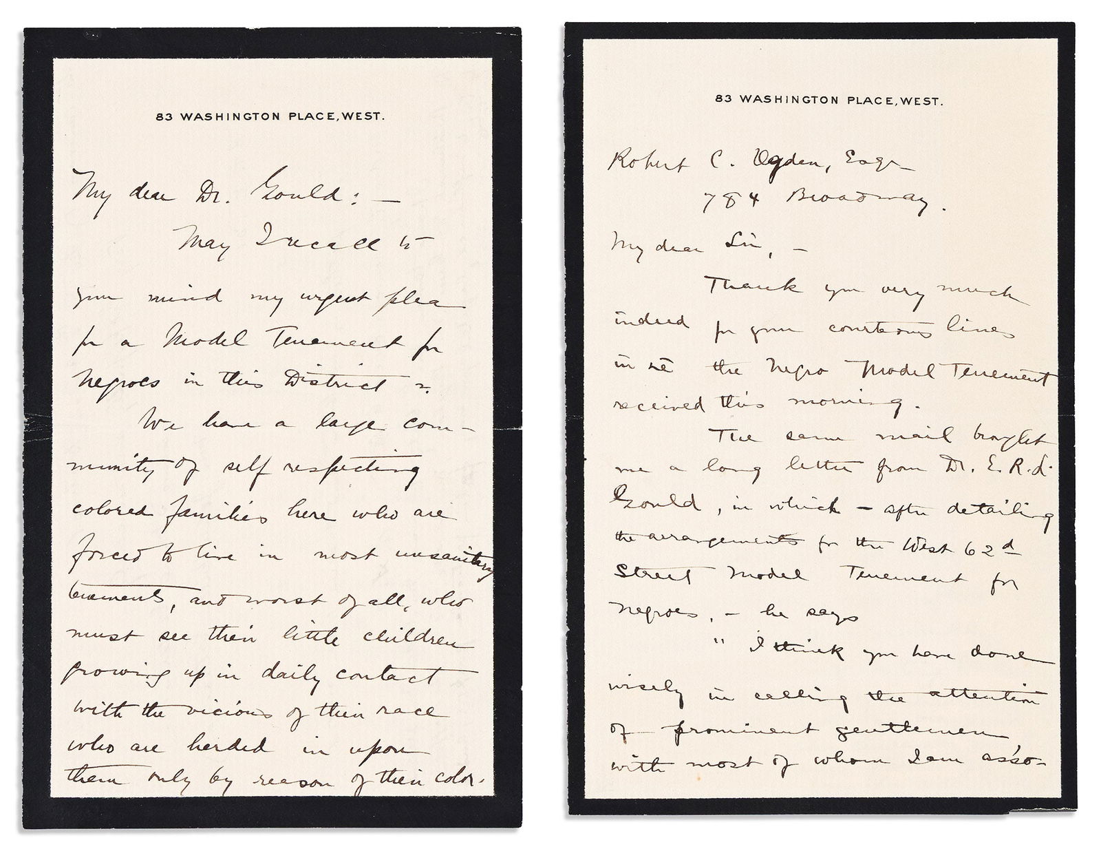 (HOUSING.) Alice Sterne Gitterman. Letters pleading for a "model tenement for Negroes." [New York], (1 of 1)
