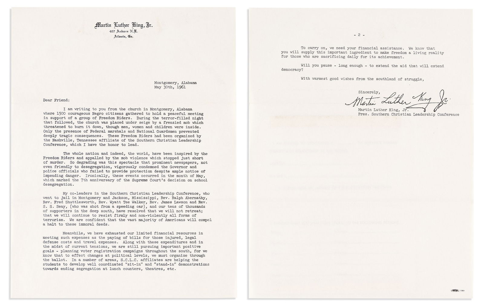 (KING.) Printed circular letter describing an attack on supporters of the Freedom Riders. (1 of 2)