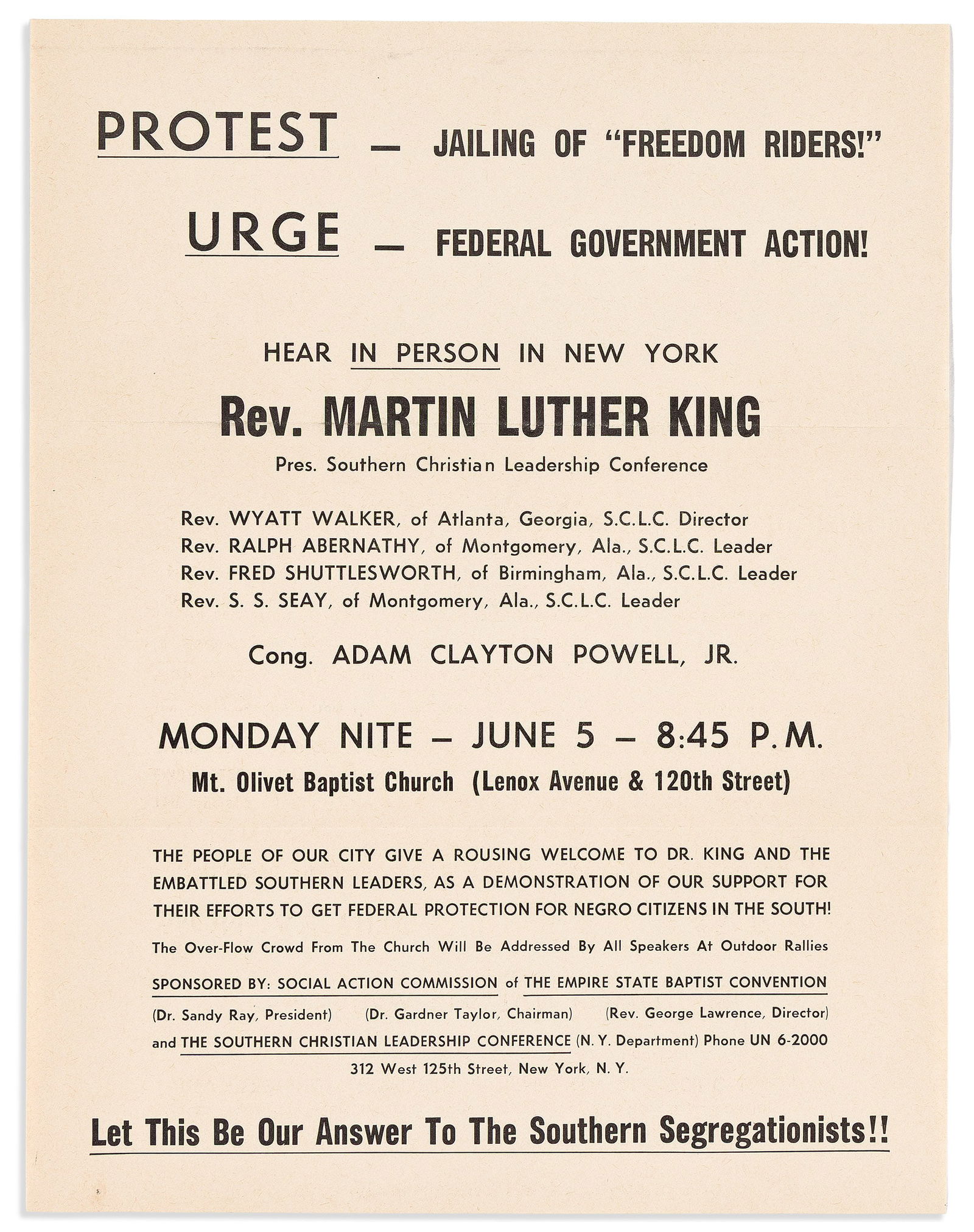 (KING.) Protest Jailing of Freedom Riders! . . Hear in Person in New York Rev. Martin Luther King. (1 of 1)
