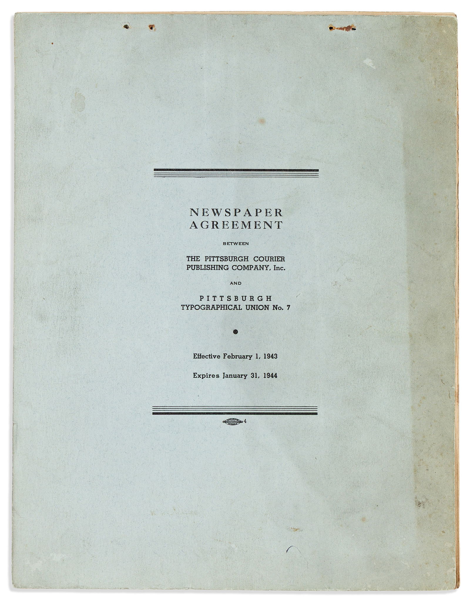 (LABOR.) Labor agreement between Pittsburgh Courier and the Typographical Union, 1943 (1 of 1)