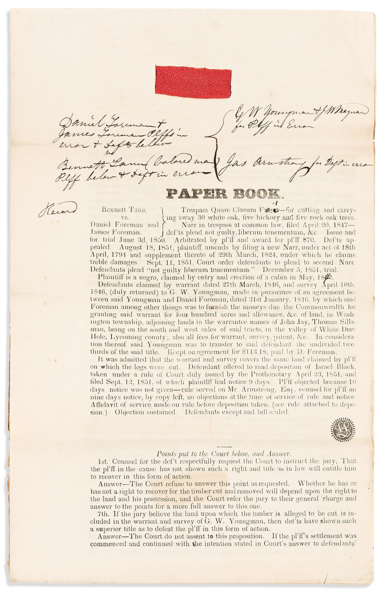(LAW.) Lawsuit discussing the right of a "colored man" to claim property by settlement. (1 of 1)