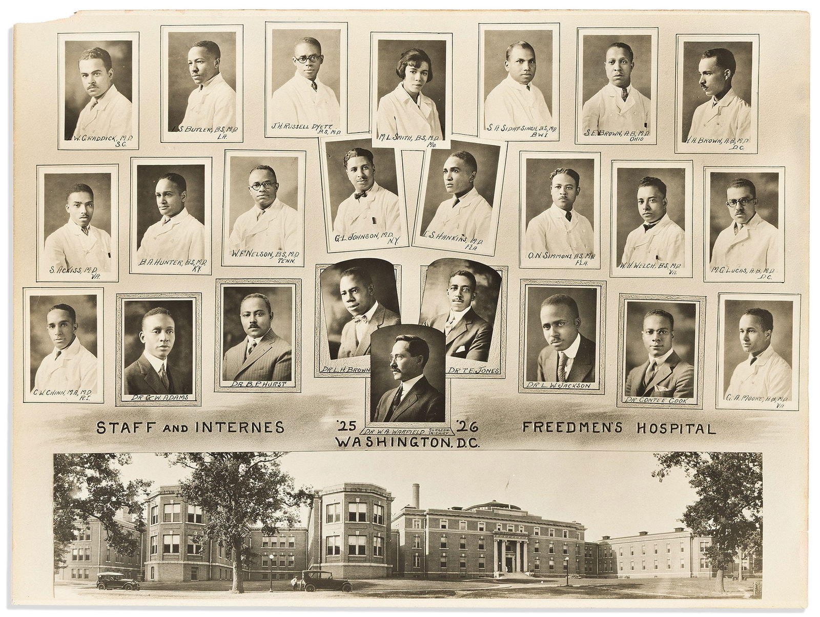 (MEDICINE.) Staff and Internes, '25 '26, Freedmen's Hospital. Washington, 1925: (MEDICINE.)Staff and Internes, '25 '26, Freedmen's Hospital. Washington, 1925Photograph, 11 x 15 inches; chip in upper left margin, otherwise minimal wear.Freedmen's Hospital was founded in 186