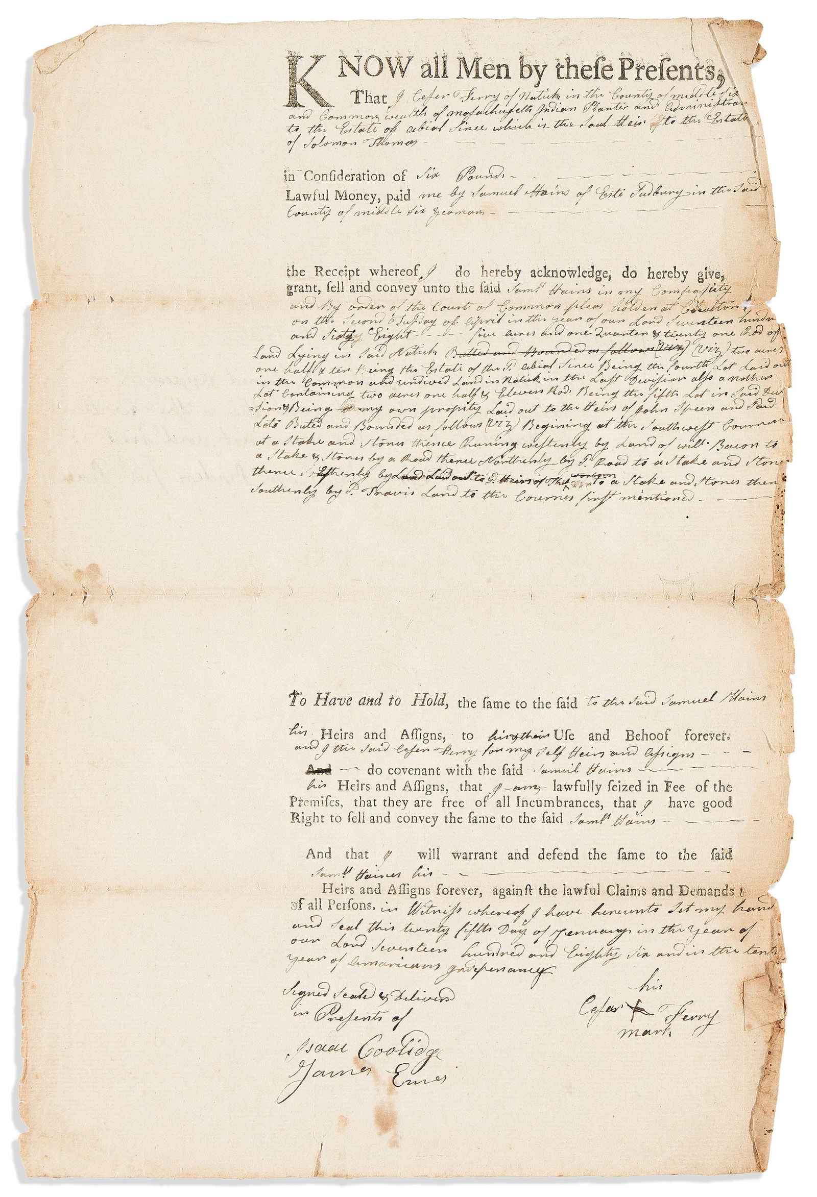 (MILITARY--AMERICAN REVOLUTION.) Caesar Ferrit. Deed signed by soldier who had fought at Lexington, (1 of 1)