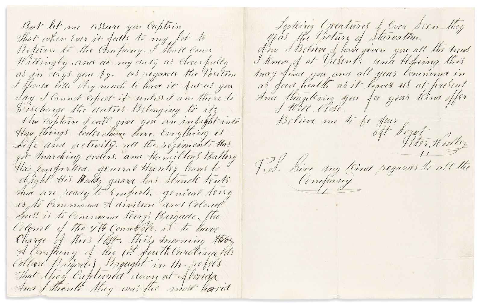 (MILITARY--CIVIL WAR.) Letter describing Confederates captured by the South Carolina Colored (1 of 1)