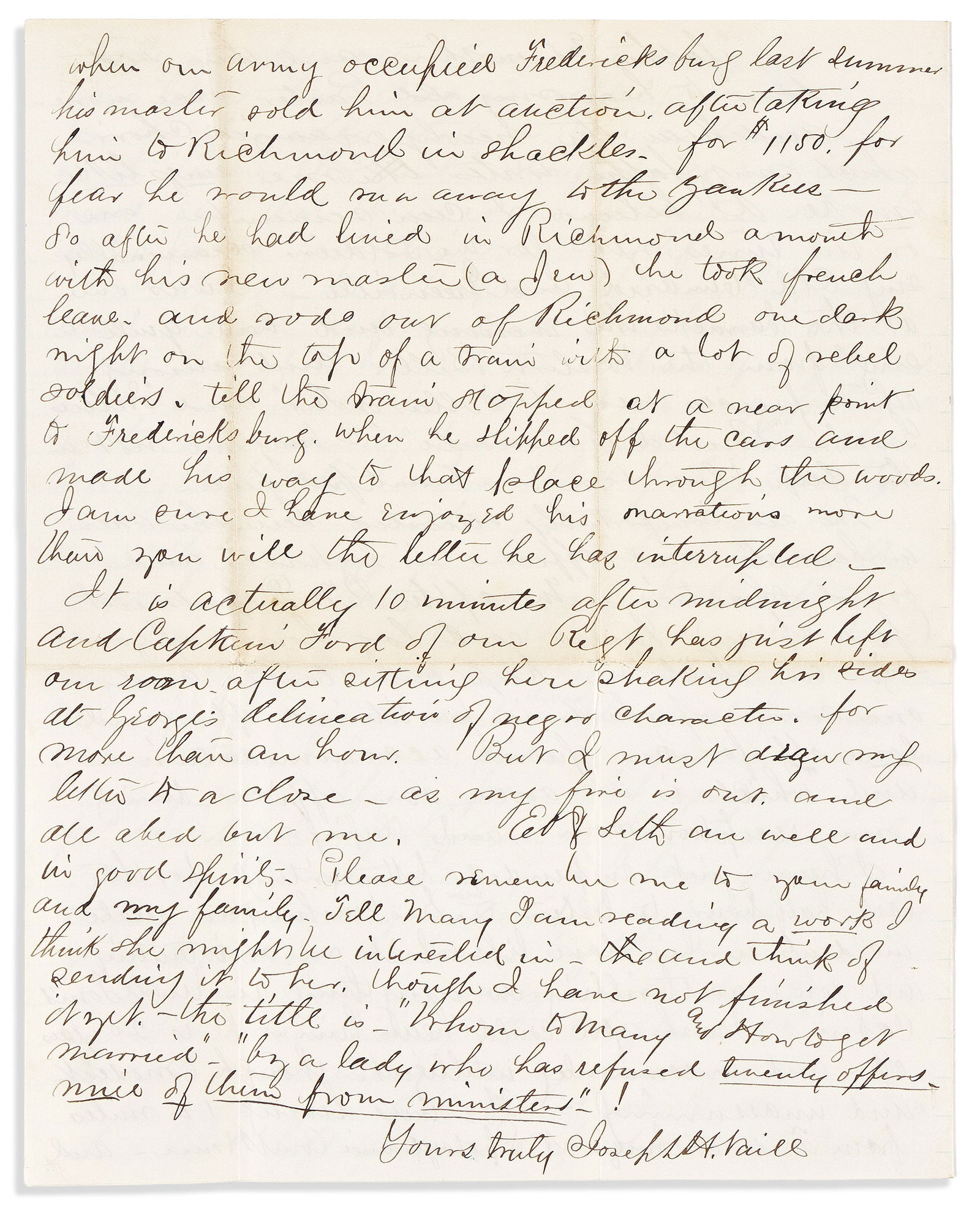 (MILITARY--CIVIL WAR.) Letter describing the escape of a Civil War camp cook from slavery. Newport (1 of 1)