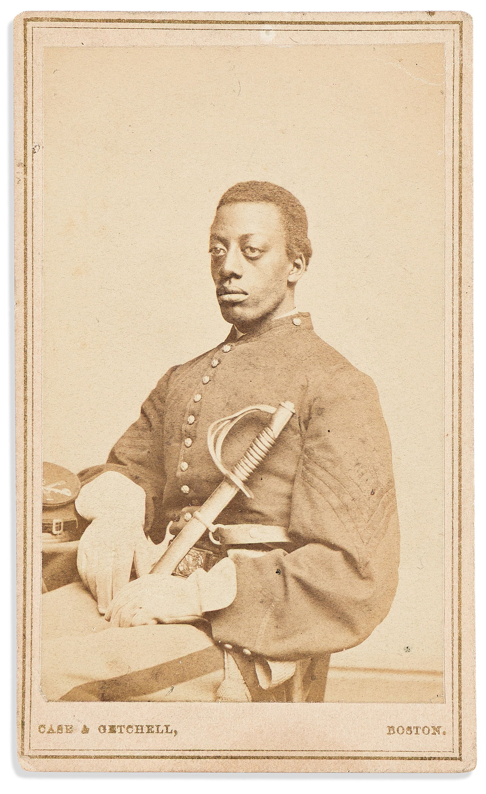 (MILITARY--CIVIL WAR.) Carte-de-visite of Charles Remond Douglass in uniform. Boston, 1864: (MILITARY--CIVIL WAR.)Carte-de-visite of Charles Remond Douglass in uniform.Boston: Case & Getchell, Photographic Artists, 3 May 1864Albumen photograph, 3¼ x 2 inches, on original photographer's