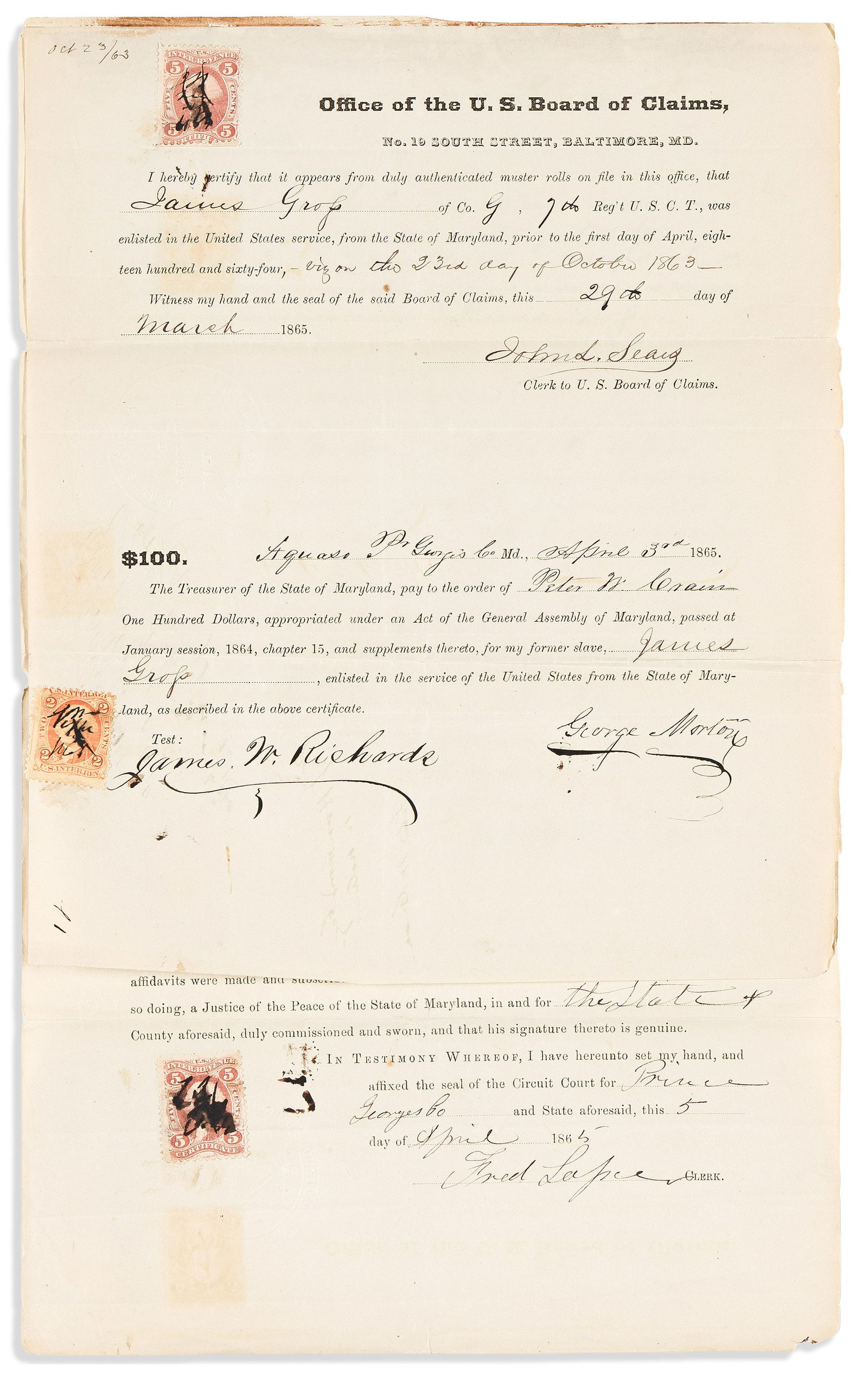 (MILITARY--CIVIL WAR.) Compensation application for soldier in United States Colored Troops. (1 of 1)