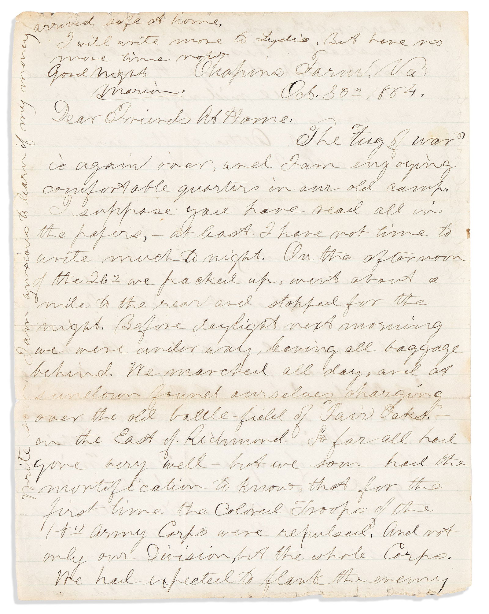 (MILITARY--CIVIL WAR.) Letters by a lieutenant in the 22nd United States Colored Troops. Virginia, (1 of 1)