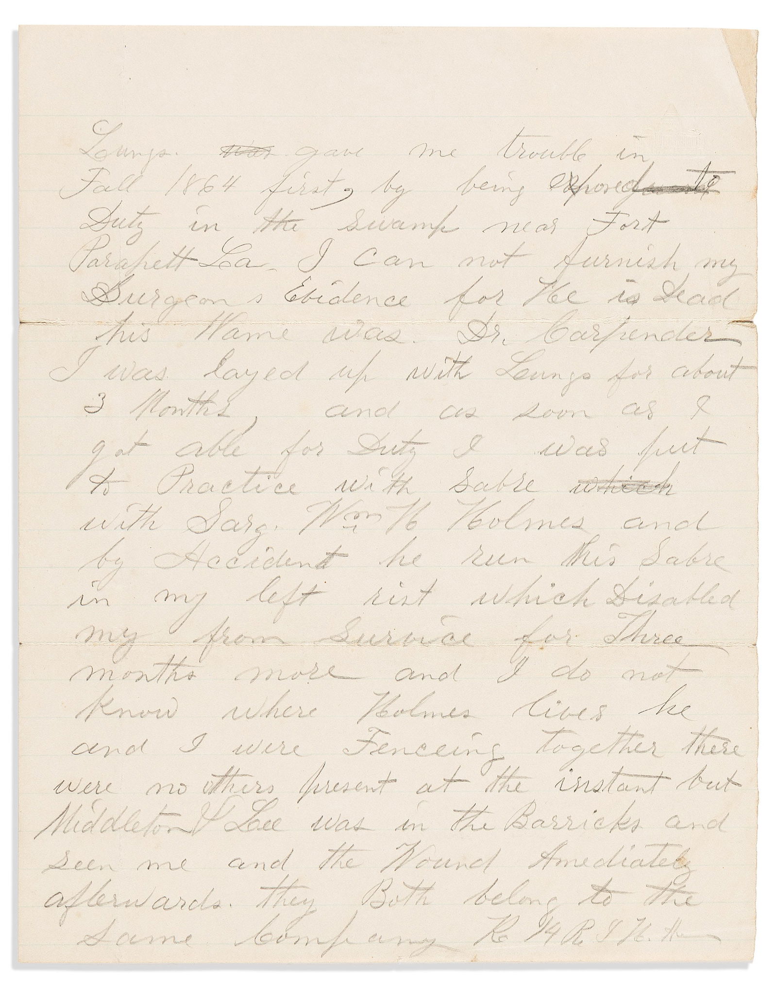 (MILITARY--CIVIL WAR.) Pension file of a Rhode Island soldier wounded in Lousiana, 1885-1903: (MILITARY--CIVIL WAR.)Pension file of a Rhode Island soldier who suffered lung damage and a wrist wound in Louisiana.Various places, 1885-19035 items, various sizes, generally minor wear.Benjamin Fran