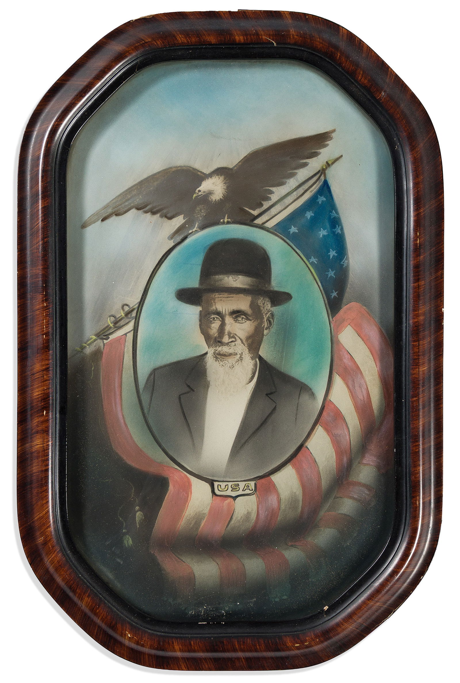 (MILITARY--CIVIL WAR.) Large portrait thought to be of a Civil War veteran. No place, circa 1910s: (MILITARY--CIVIL WAR.)Large portrait thought to be of a Civil War veteran.No place, circa 1910sHand-colored photograph, 17½ x 10½ inches trimmed to oval, uncaptioned except for period inscri