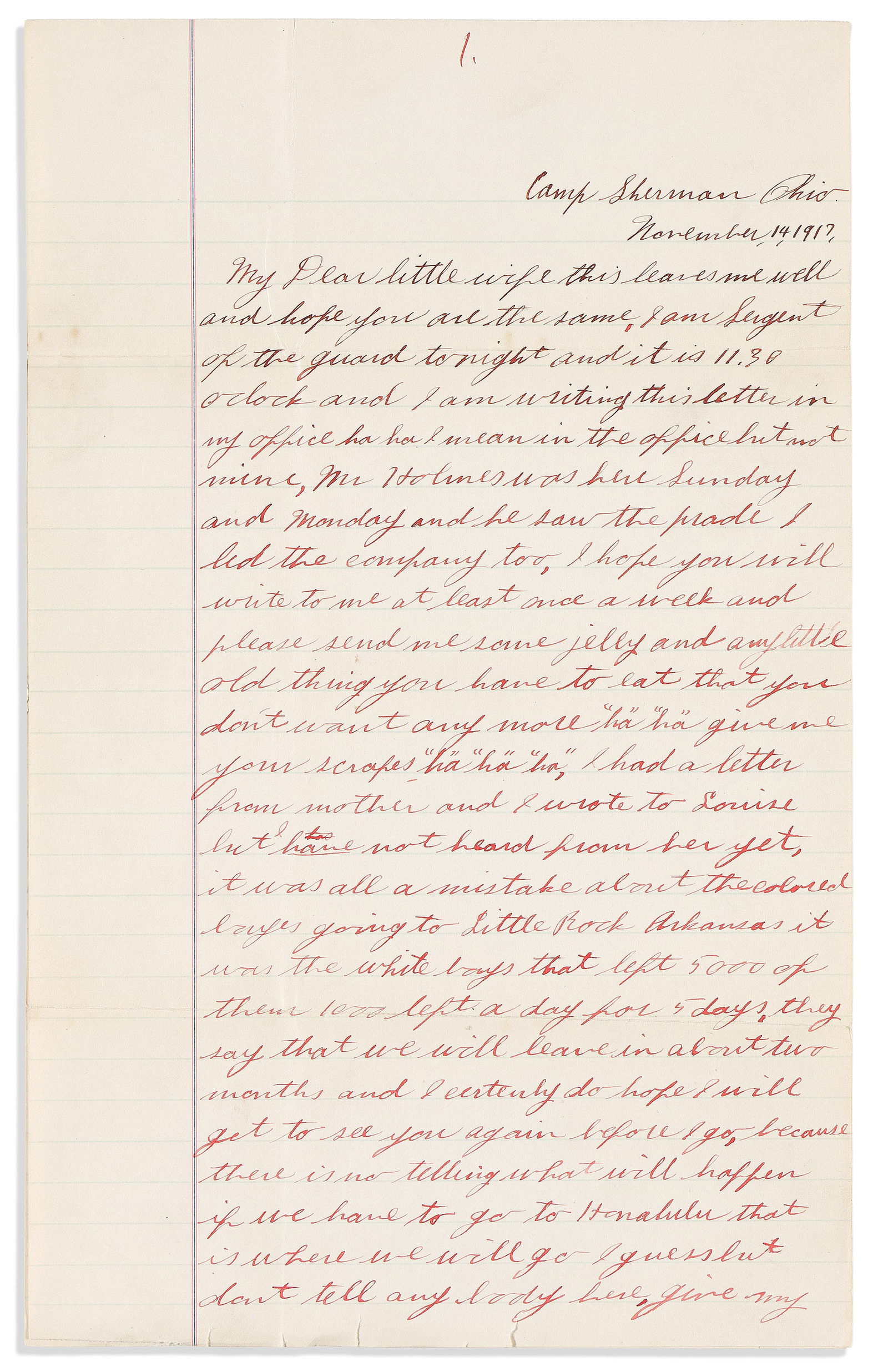 (MILITARY--WORLD WAR ONE.) Letter from a new recruit training to be a sergeant. Camp Sherman, OH, (1 of 1)