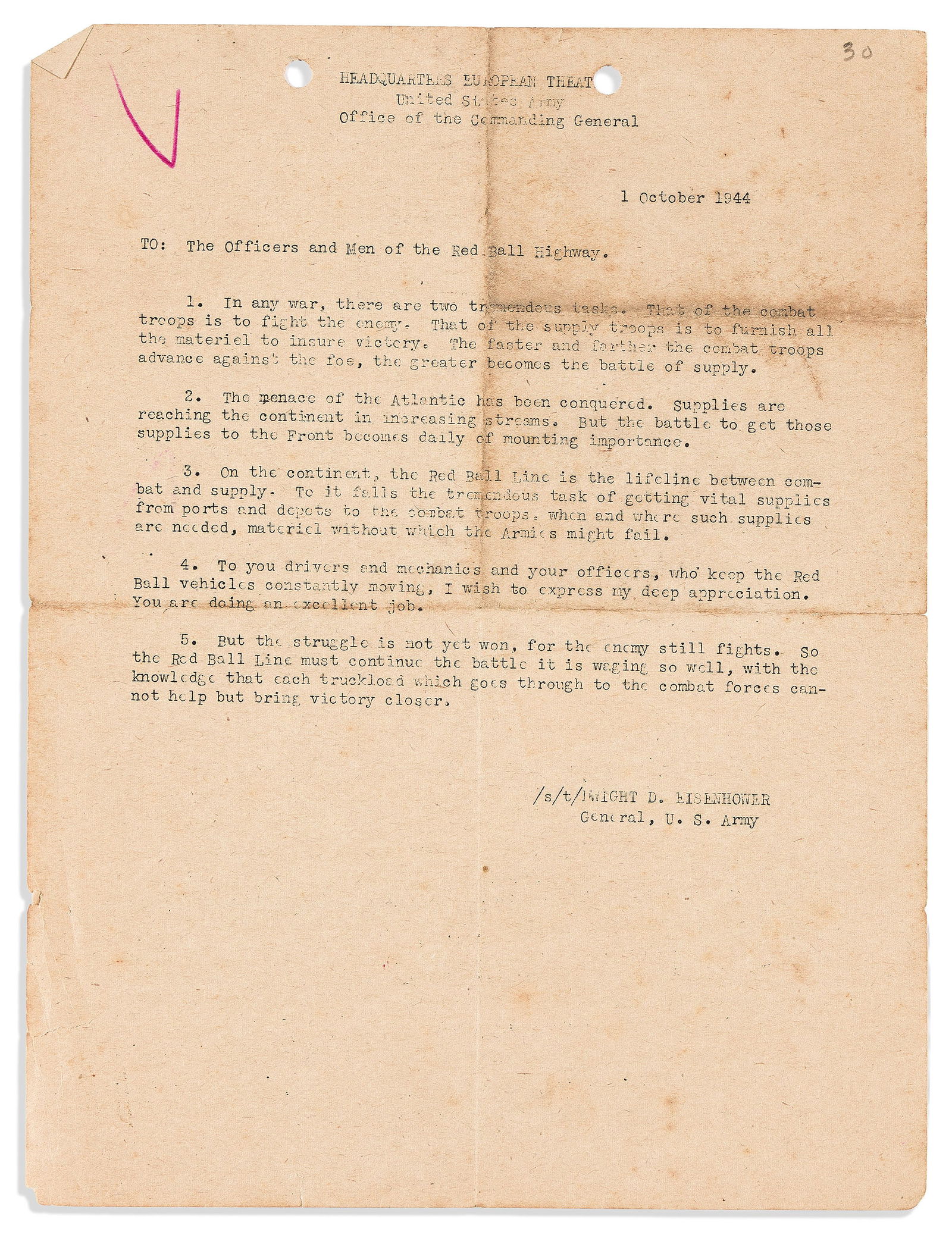 (MILITARY--WORLD WAR TWO.) Dwight D. Eisenhower. Order regarding the Red Ball Express, 1 October (1 of 1)