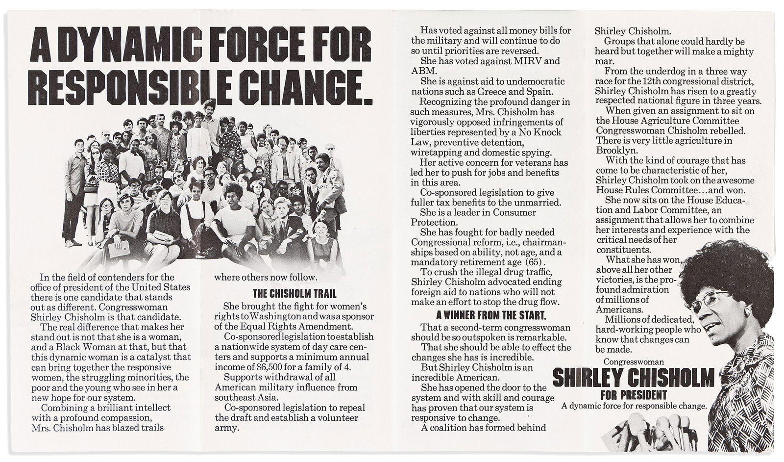 (POLITICS.) Group of Shirley Chisholm ephemera. Various places, 1969-1972: (POLITICS.)Group of Shirley Chisholm ephemera.Various places, 1969-19725 items:"Unbossed and Unbought." Trifold brochure, 9 x 15¾ inches. No place: Shirley Chisholm for President, [1972].