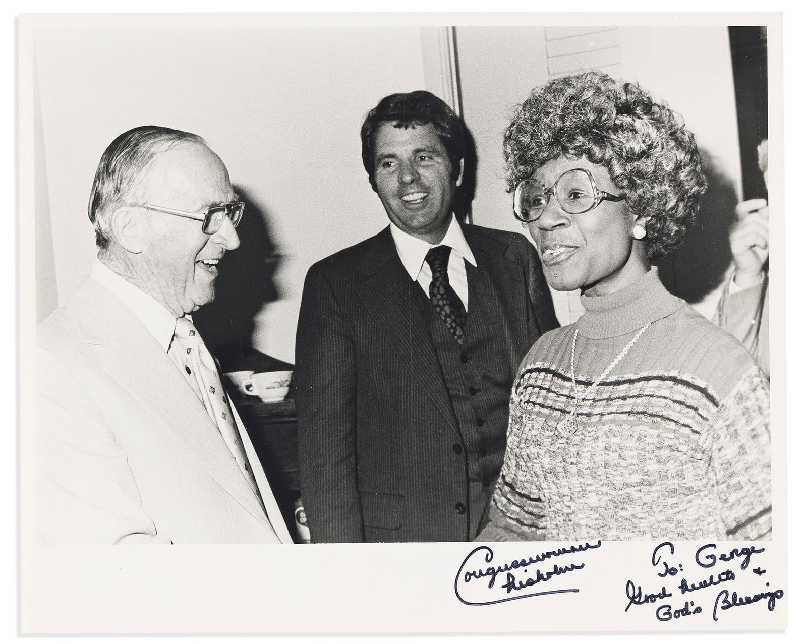 (POLITICS.) Shirley Chisholm. Photograph she autographed for a fellow member of Congress. (1 of 1)