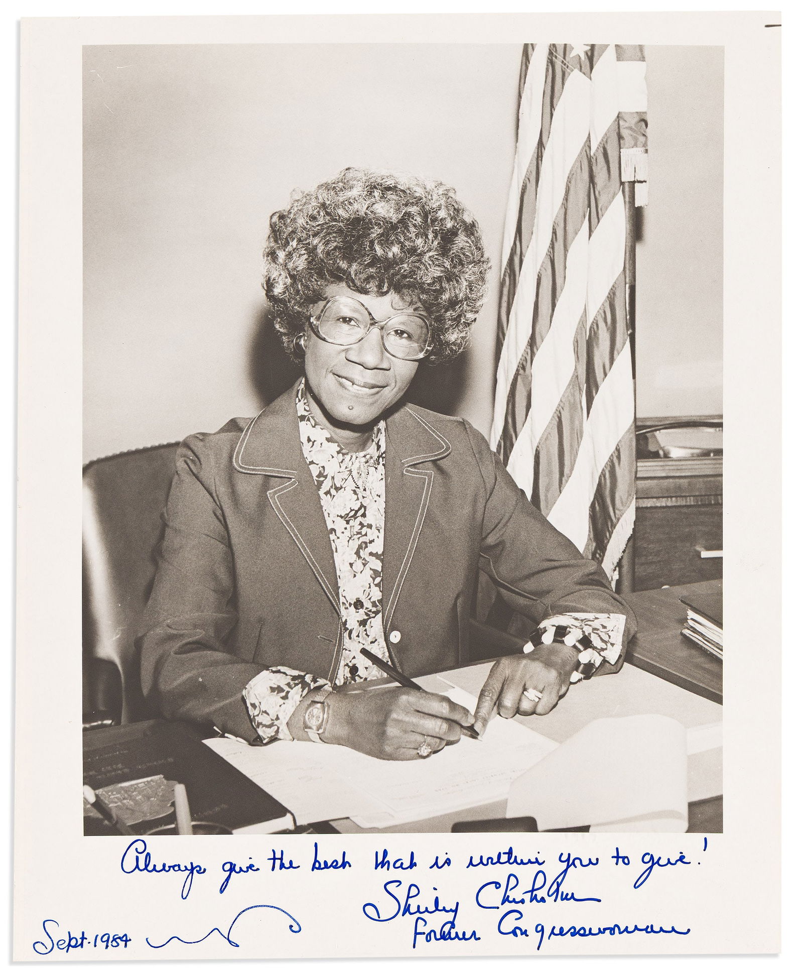 (POLITICS.) Shirley Chisholm. Signed photograph. No place, September 1984 (1 of 1)