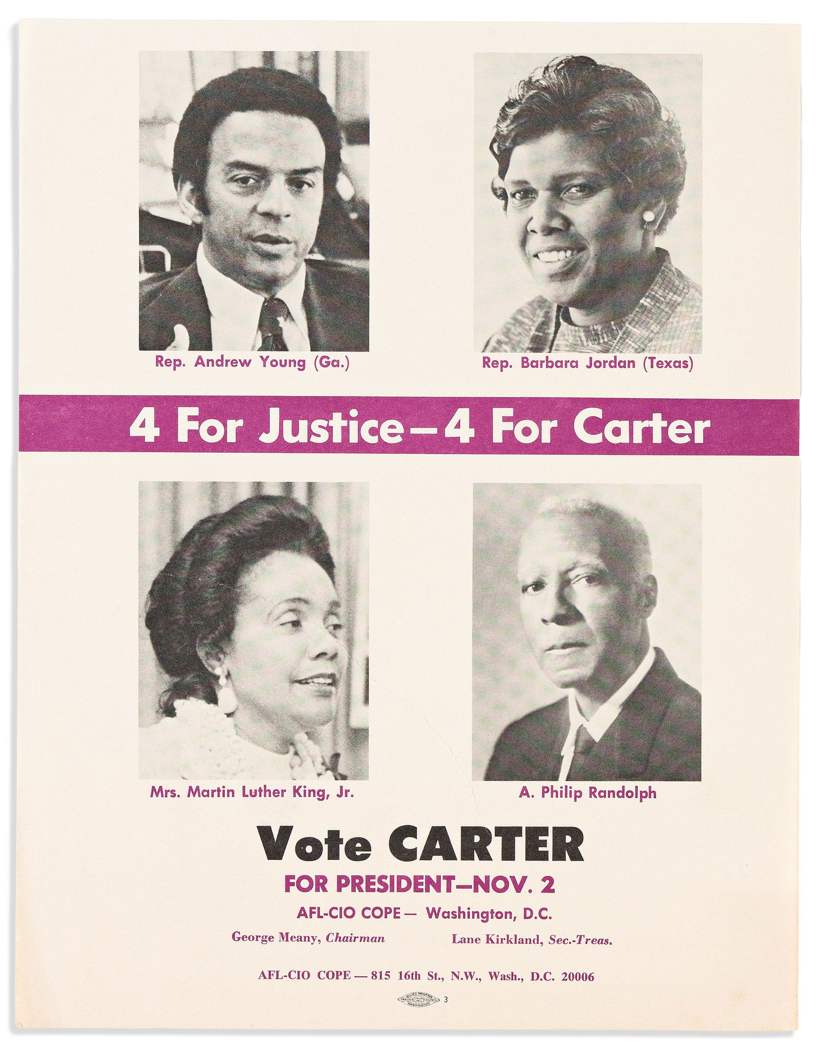 (POLITICS.) 4 for Justice--4 for Carter. Vote Carter. Washington: AFL-CIO COPE, 2 November [1976] (1 of 1)