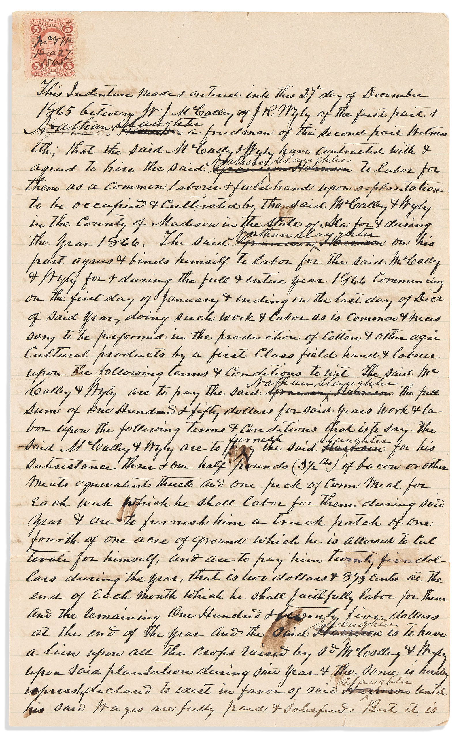 (RECONSTRUCTION.) Farm labor agreement signed by formerly enslaved person. Huntsville, AL, December (1 of 1)