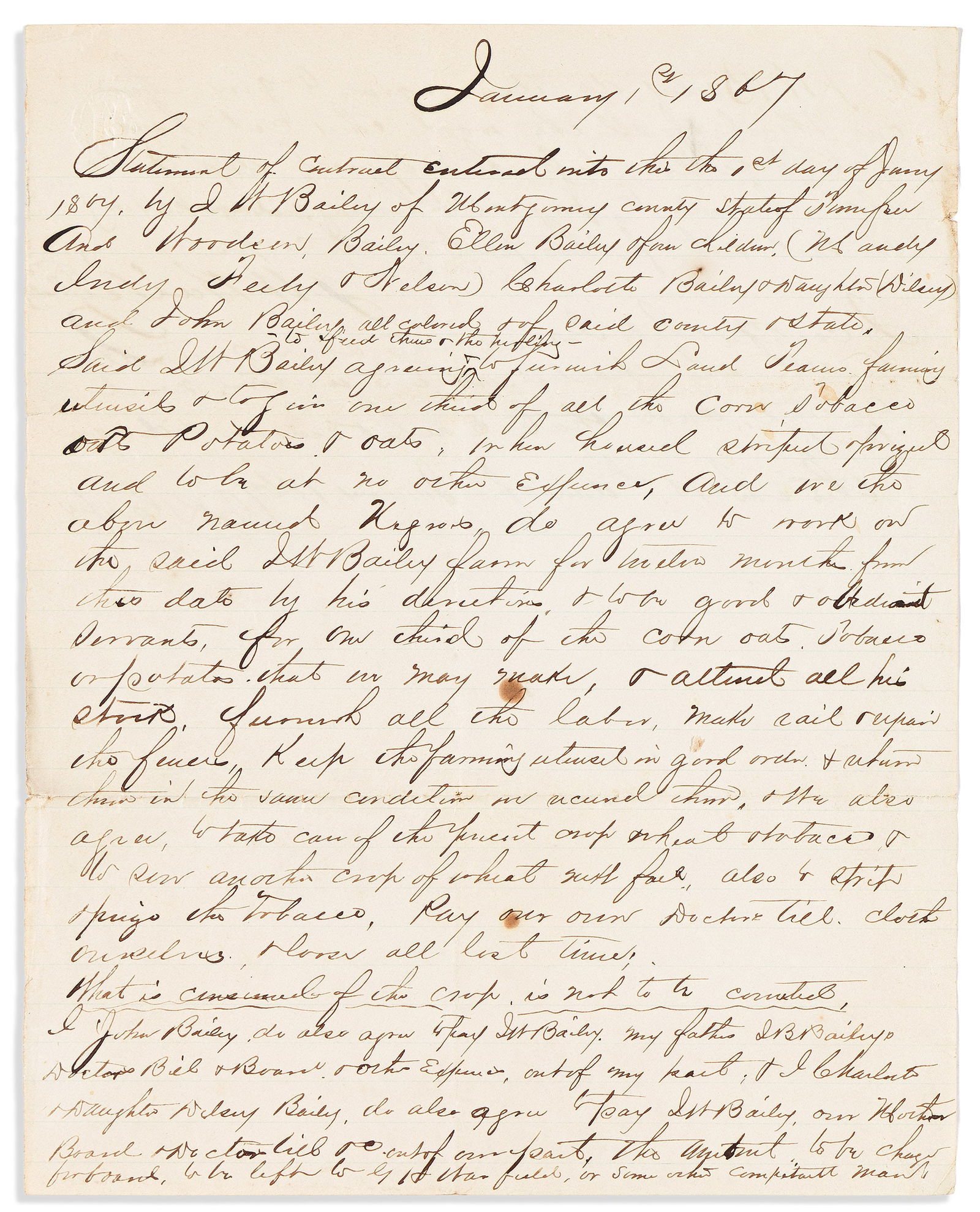 (RECONSTRUCTION.) Tennessee sharecropper contract. Montgomery County, TN, 15 January 1867 (1 of 2)