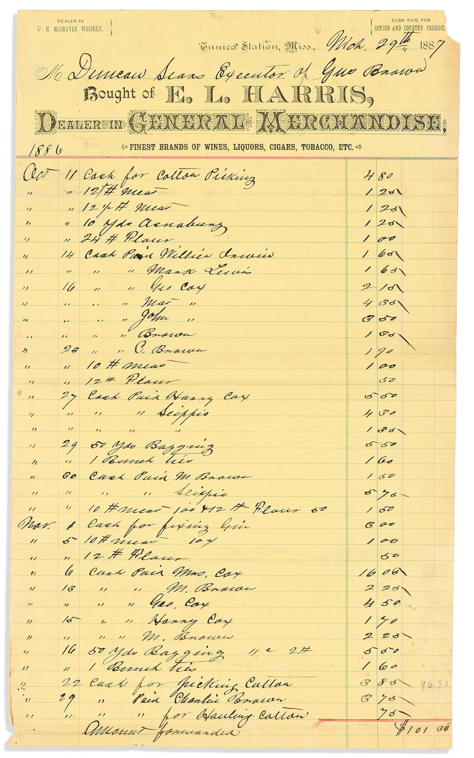 (RECONSTRUCTION.) Account of a Black landowner with a local merchant re his cotton crop. Tunica, MS, (1 of 1)