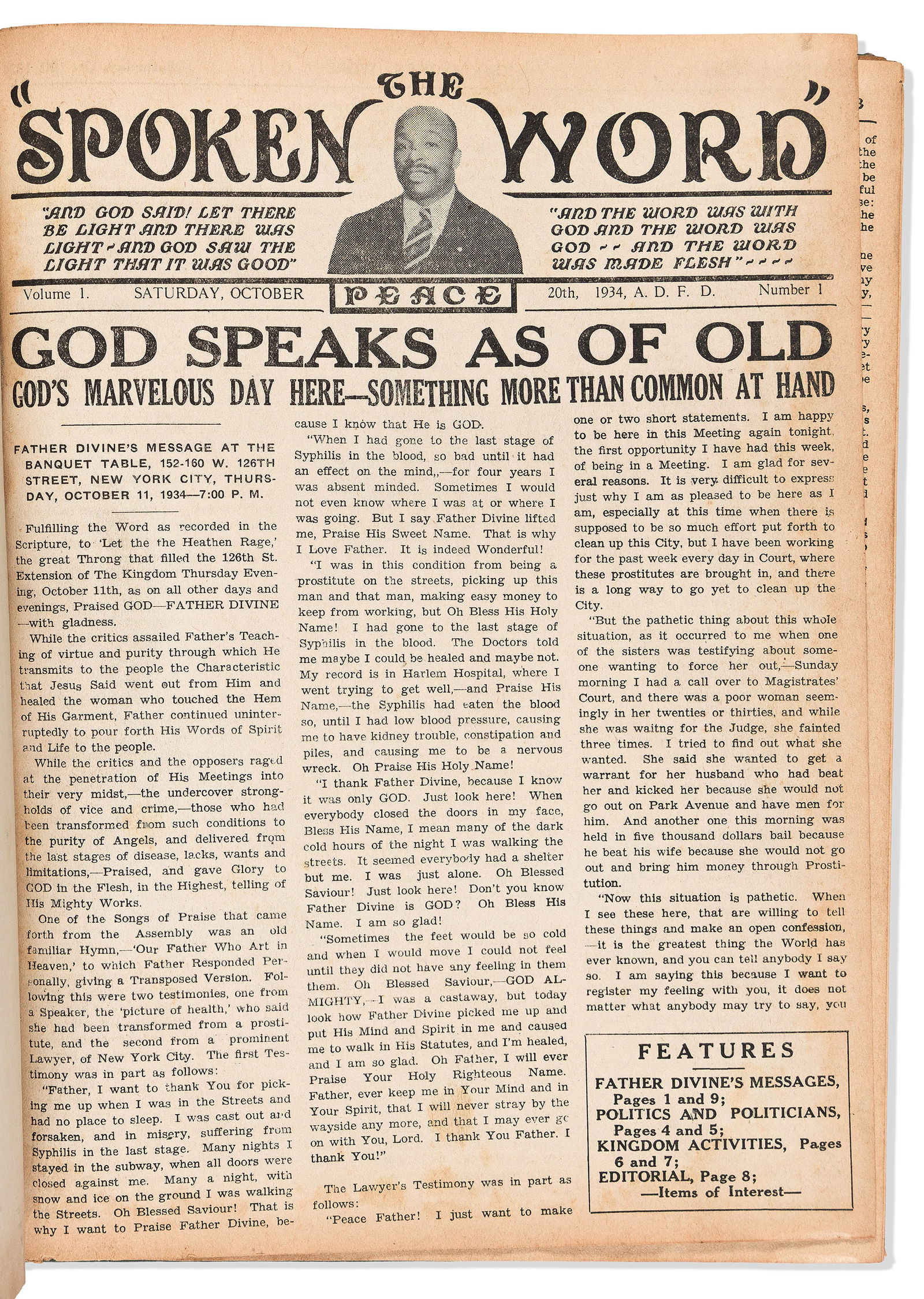(RELIGION.) The Spoken Word, the first two volumes of Father Divine's magazine, 1934-1936: (RELIGION.)The Spoken Word, the first two volumes of Father Divine's magazine.New York, 20 October 1934 to 25 February 193652 issues, most of them 16 or 32 pages each, in 2 volumes. Quarto, 11½ o
