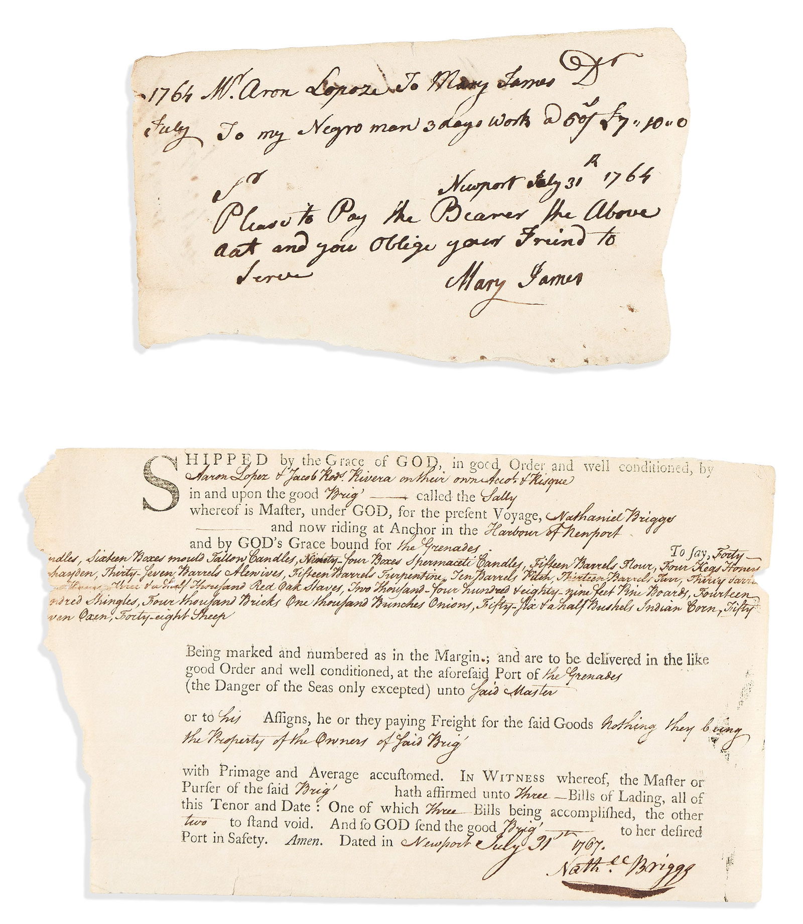 (SLAVE TRADE.) Bill of lading for a slave ship owned by Aaron Lopez, and invoice for slave labor. (1 of 1)