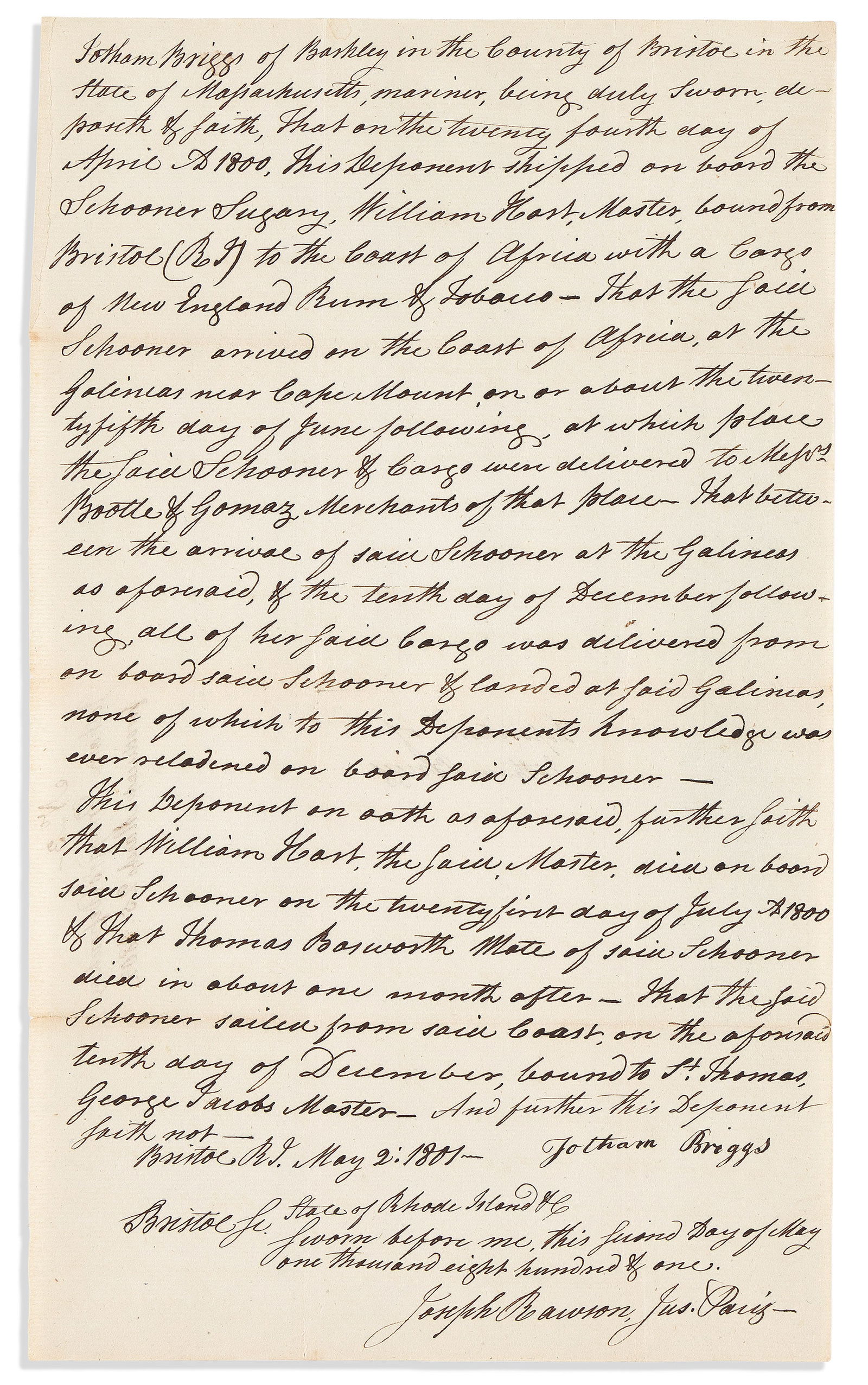 (SLAVE TRADE.) Jotham Briggs. Deposition on a slave ship's activity on the coast of Africa. Bristol, (1 of 1)