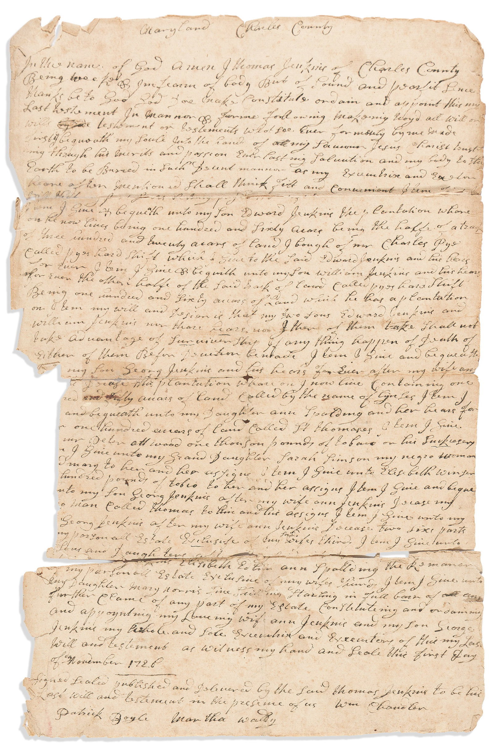(SLAVERY.) Pair of early transfer documents of Maryland enslaved people. Maryland, 1726 and 1769: (SLAVERY.) Pair of early transfer documents of Maryland enslaved people. Maryland, 1726 and 1769 Will of Thomas Jenkins, bequeathing enslaved people and other property. One page, 13 x 8½ inches; 