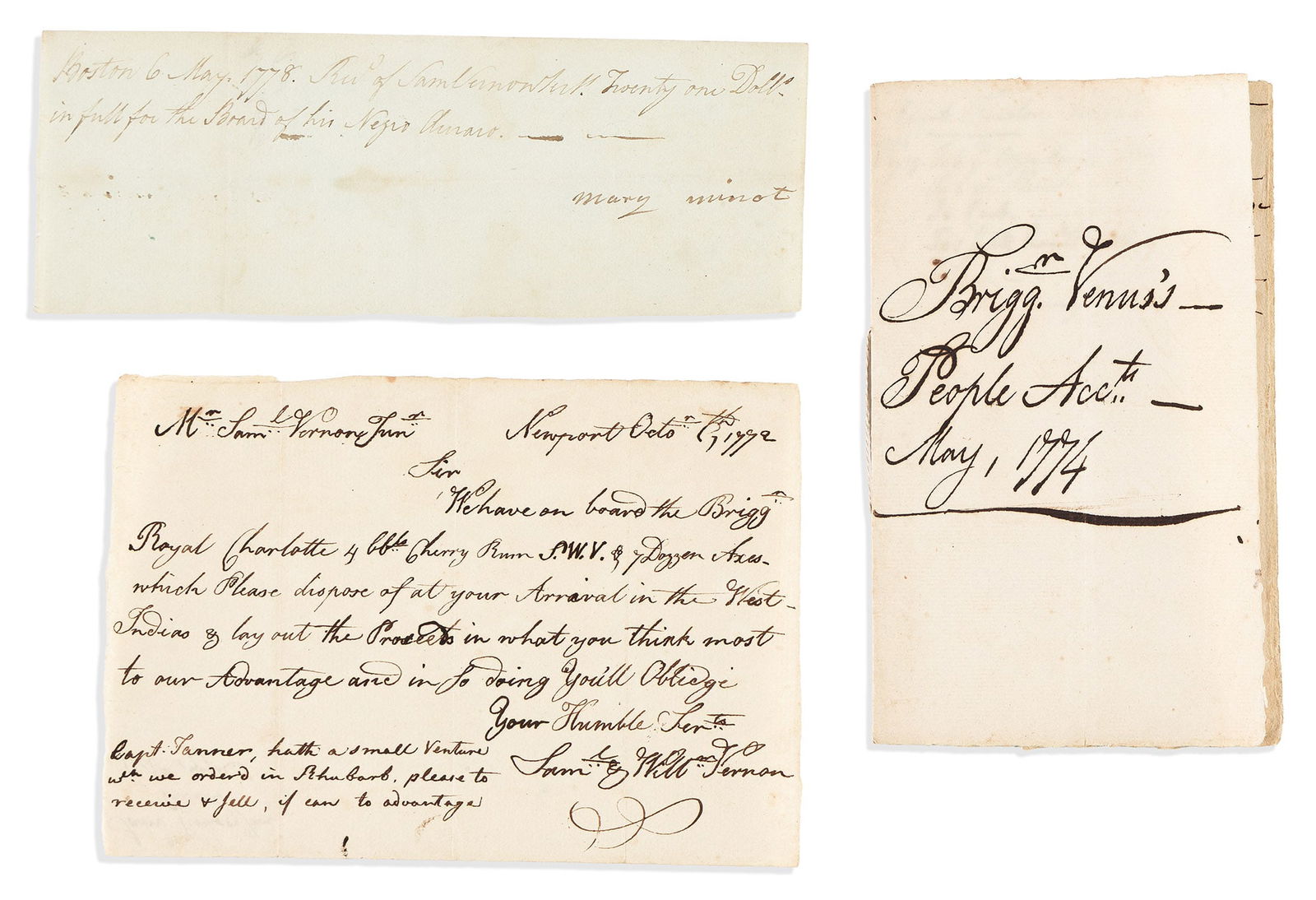 (SLAVERY.) Receipt for boarding an enslaved person belonging to notorious slave trader Samuel (1 of 1)
