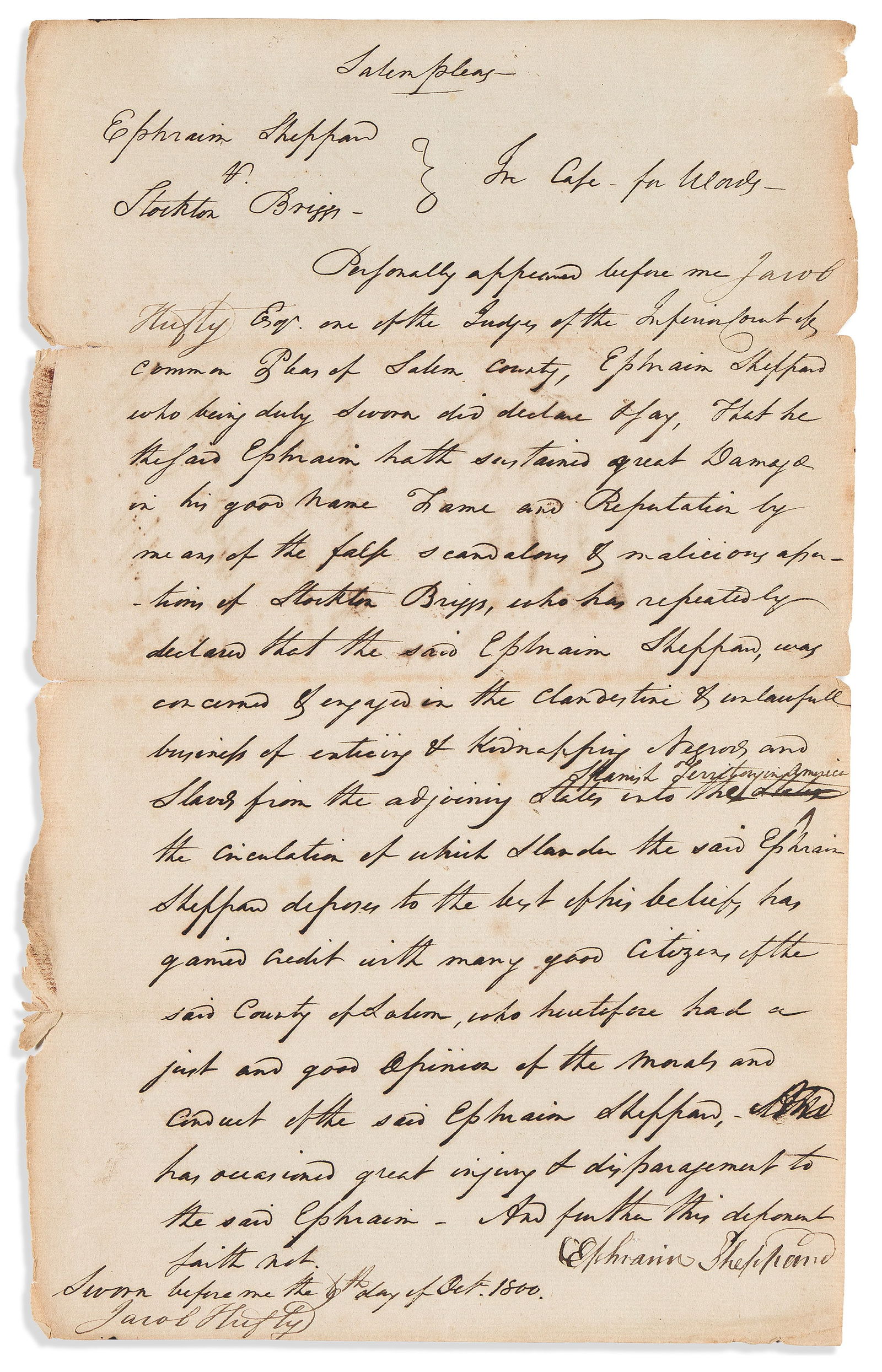 (SLAVERY.) Slander lawsuit by a man accused of "kidnapping Negroes" in New Jersey. Salem County, NJ, (1 of 1)